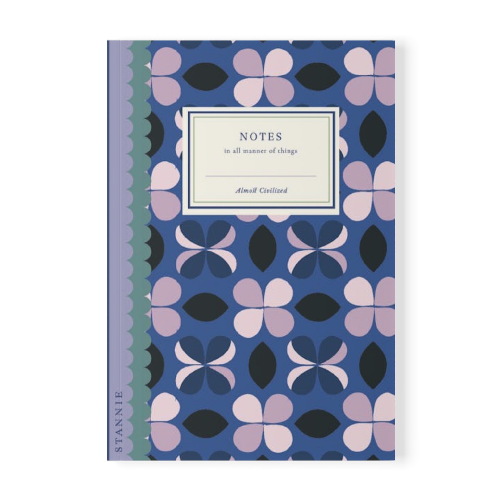 A blue A5 size notebook with a floral pattern and a label that reads "Notes in all manner of things." The customizable blue geo Softcover Notebook, A5 by Printify features "STANNIE" written on the spine and boasts a matte finish.