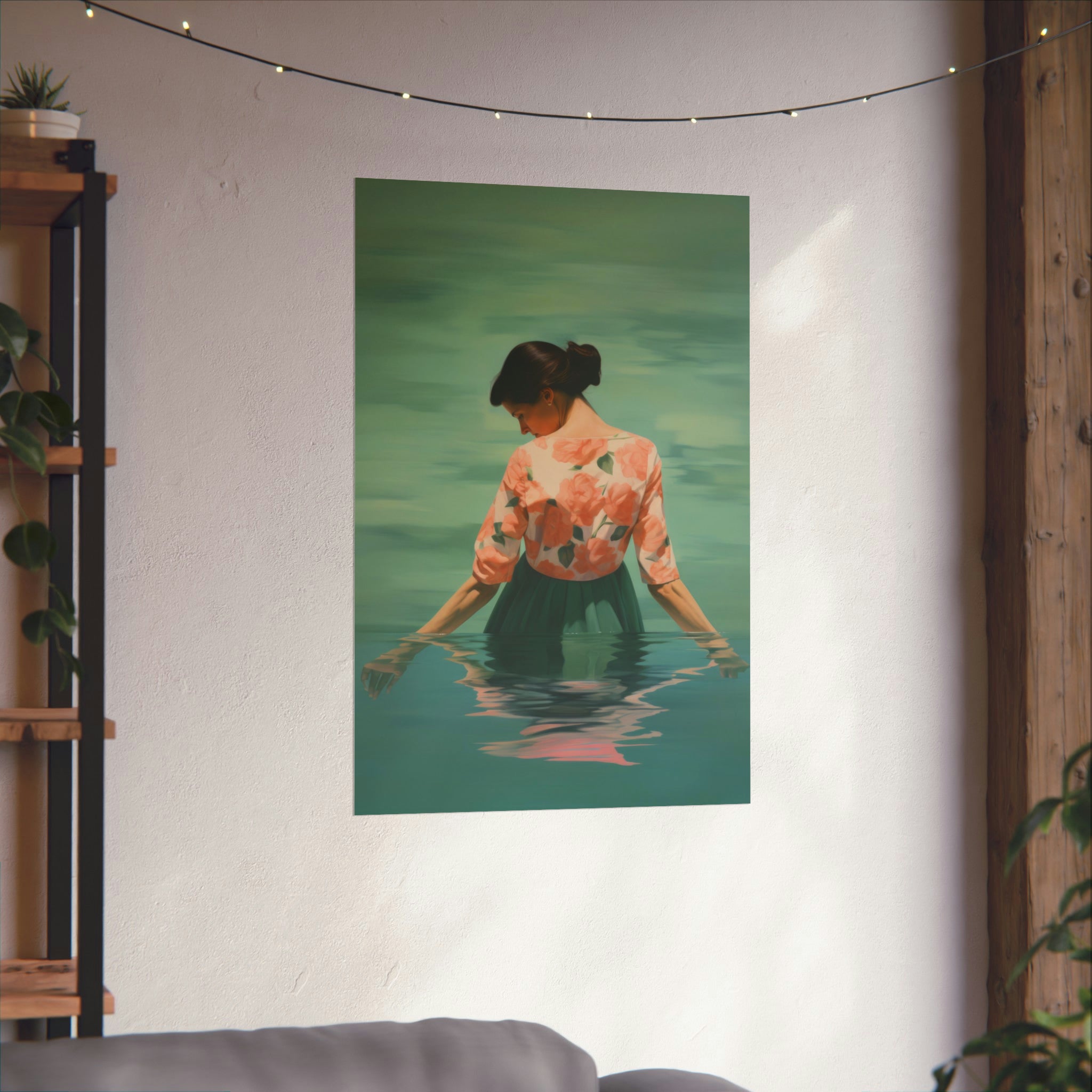 A serene Float wall art for living room depicting a woman wading in water, displayed in a cozy room with plants and string lights. (Printify)