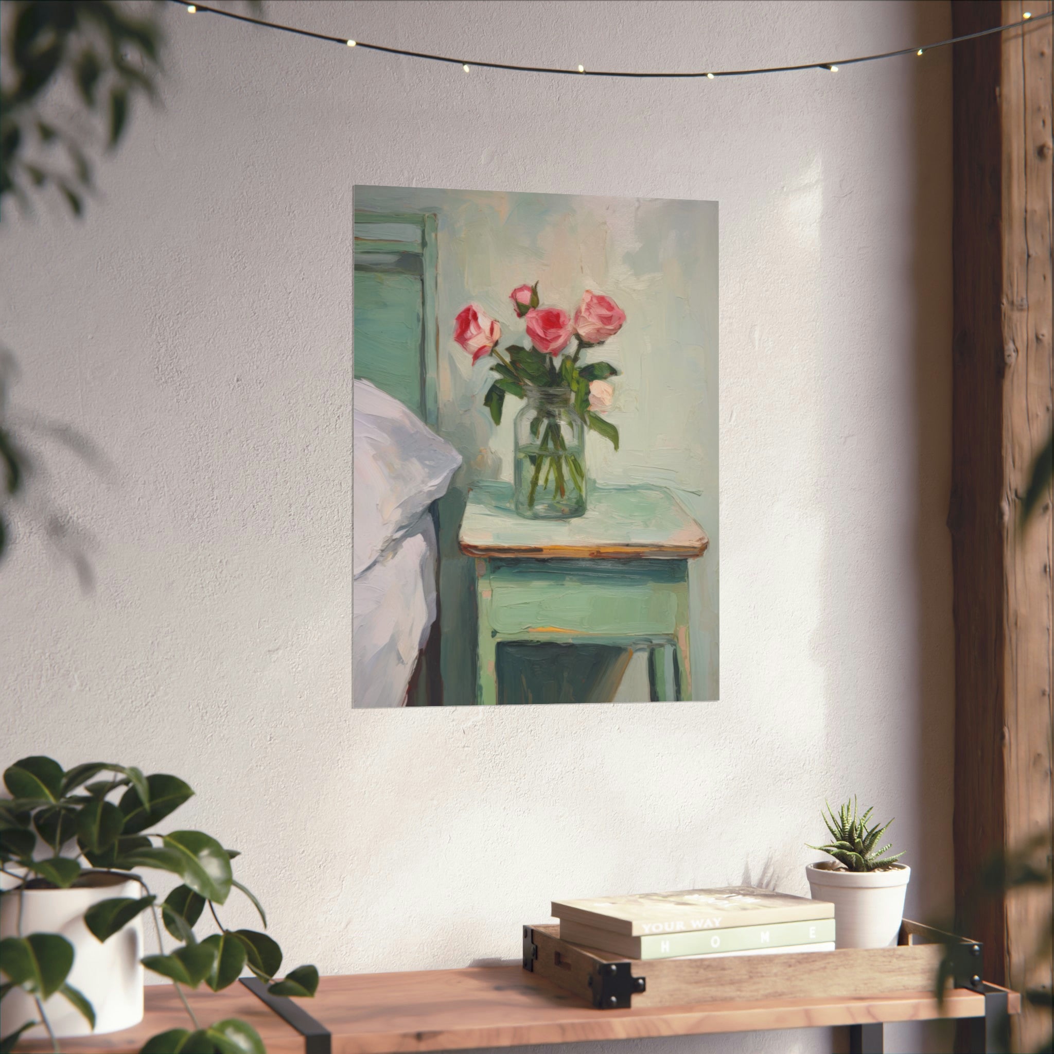 Interior wall art for living room with a When You Sleep poster by Printify above a wooden shelf adorned with books and plants.