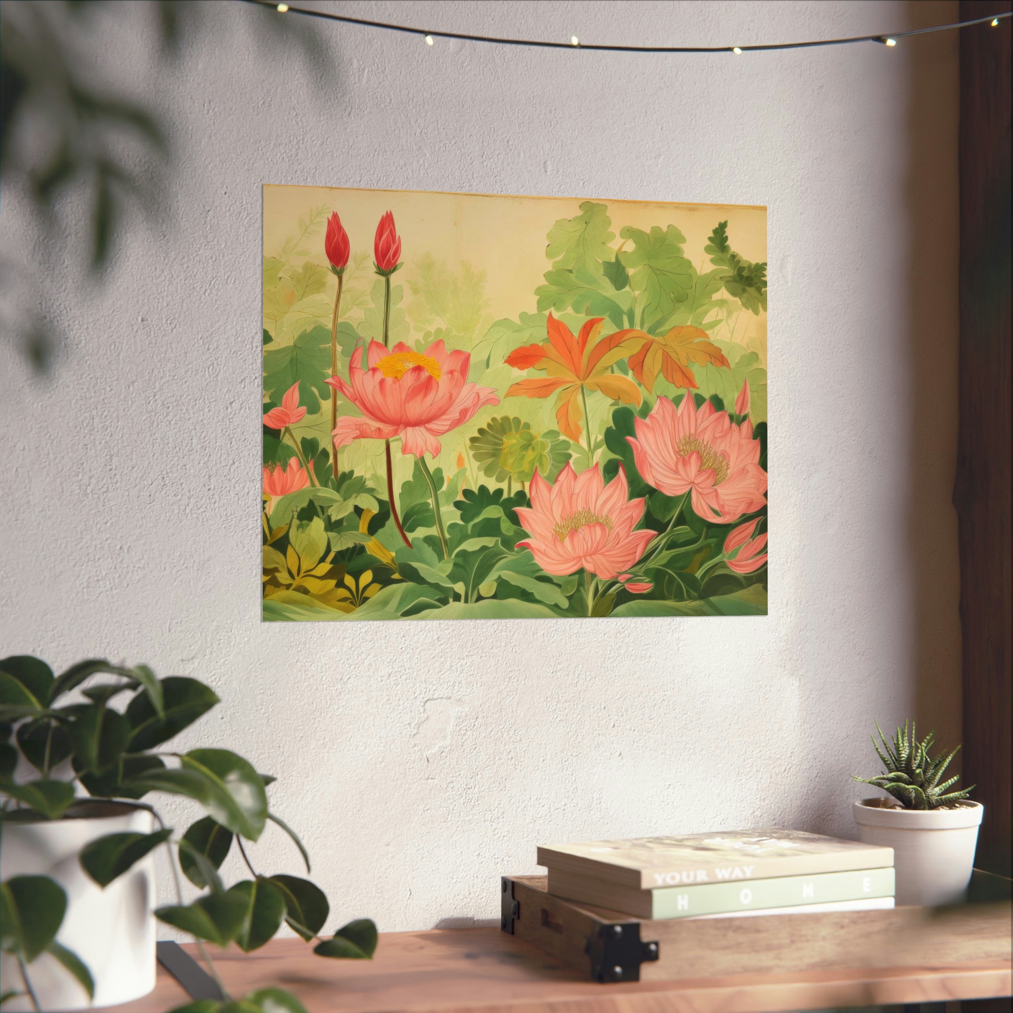 Sentence with replaced product:

A Botanic Floor large matte poster hangs on a wall under string lights, accompanied by potted plants and books on a wooden surface.