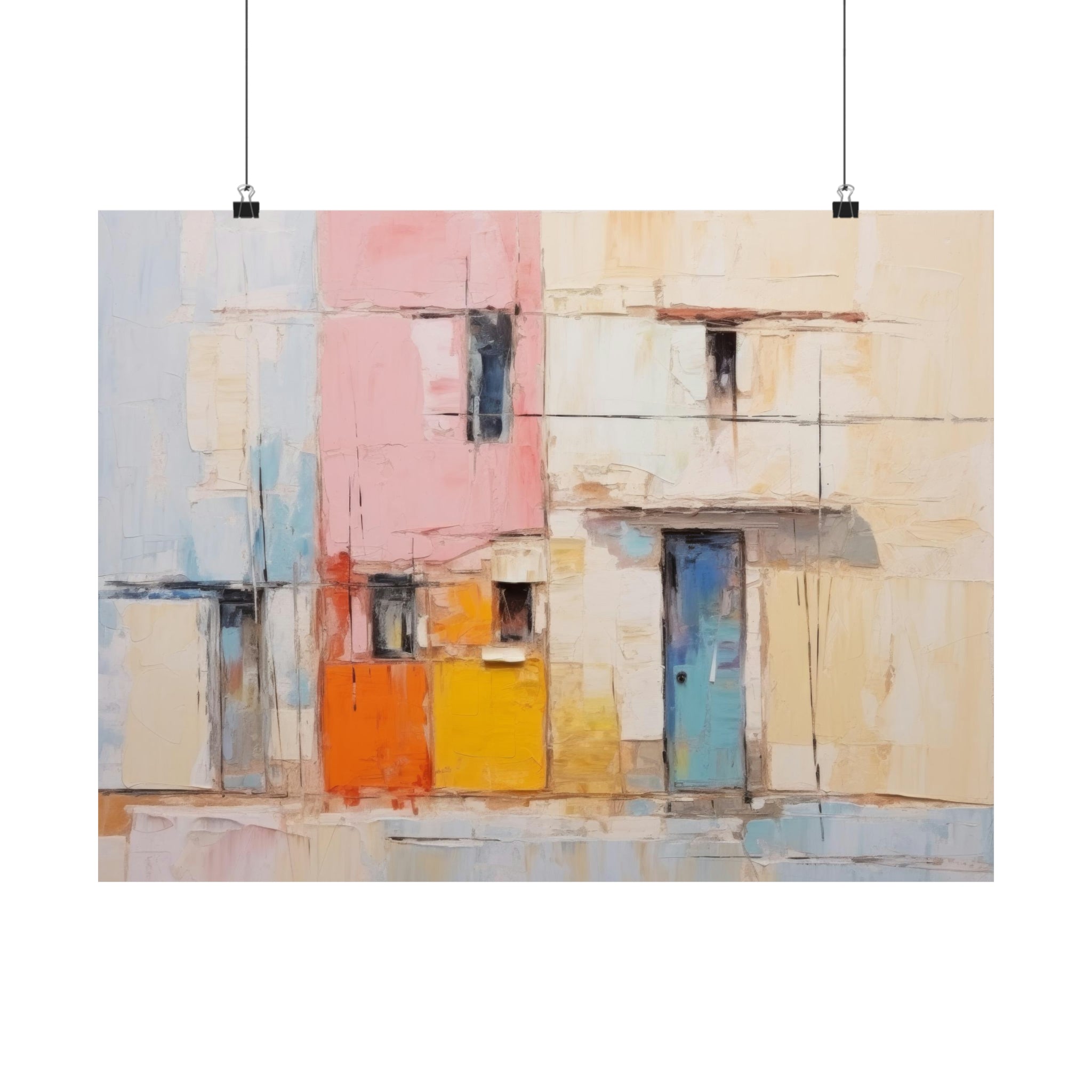 An abstract art print depicting colorful geometric shapes resembling building facades, hanging on a white wall as the Candy Colors Large Matte Poster by Printify for the living room.