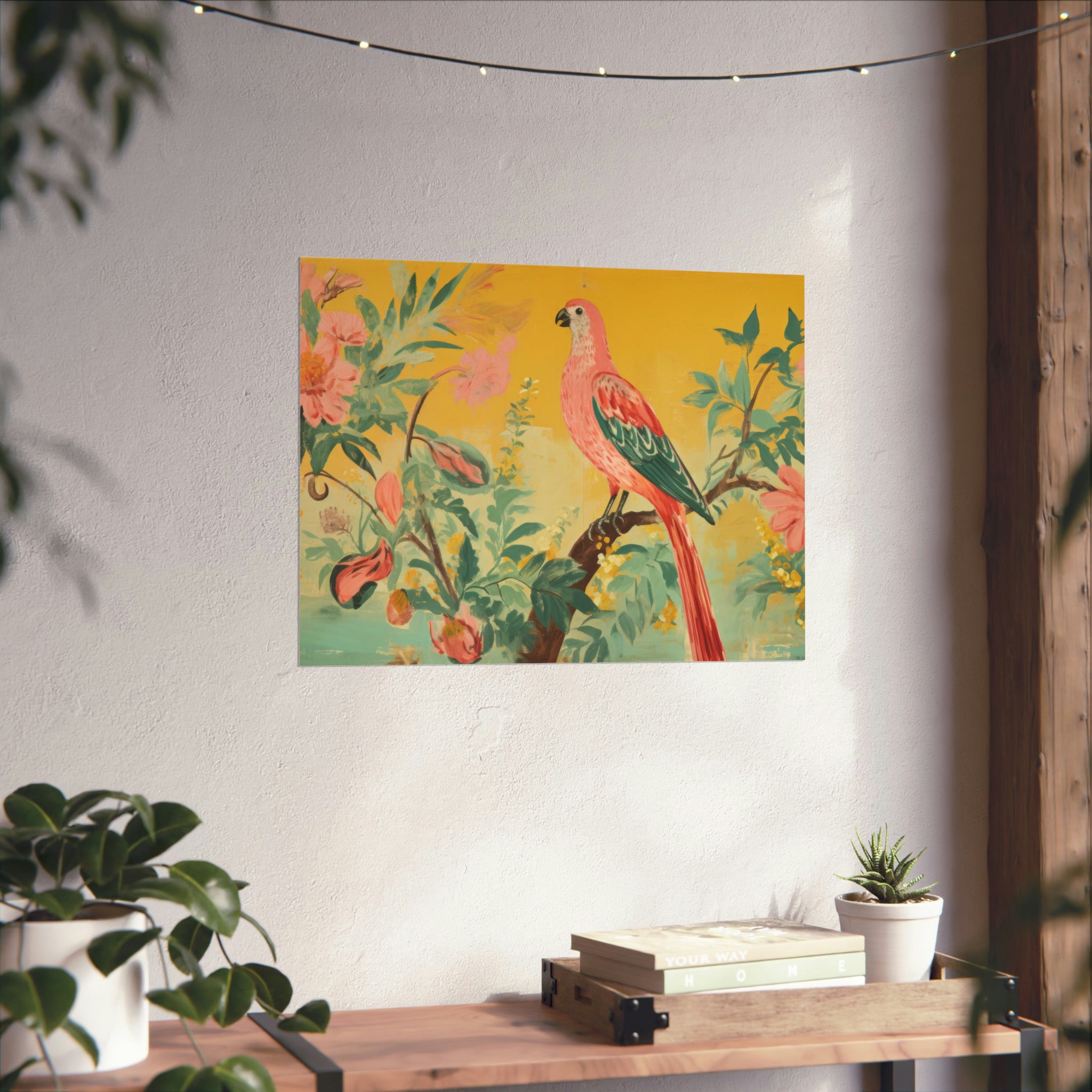 A colorful art print of a Vintage Parrot hanging on a wall above a shelf with plants by Printify.