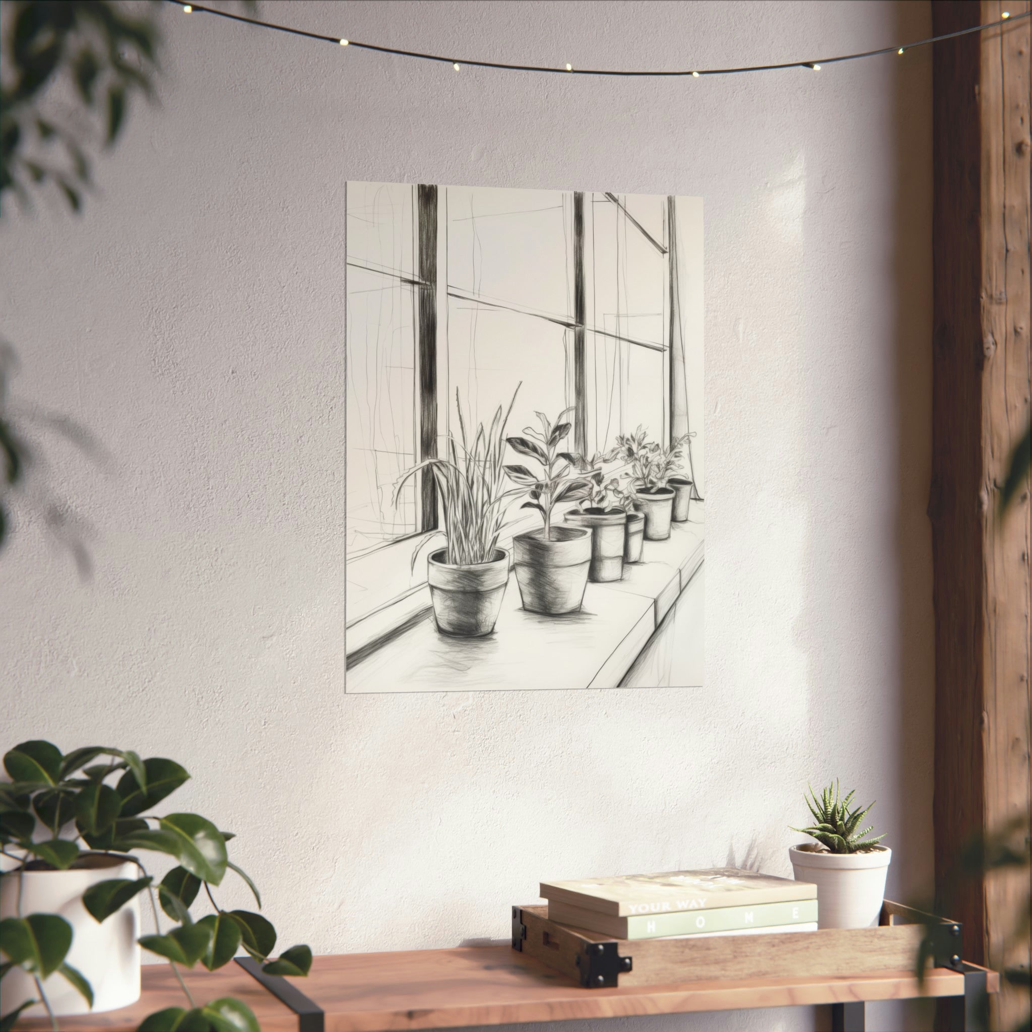 A framed sketch of potted plants on a windowsill, displayed as wall decor above a wooden shelf with books and a small plant from Printify's The Sill | Large Matte Poster available in 3 Sizes.