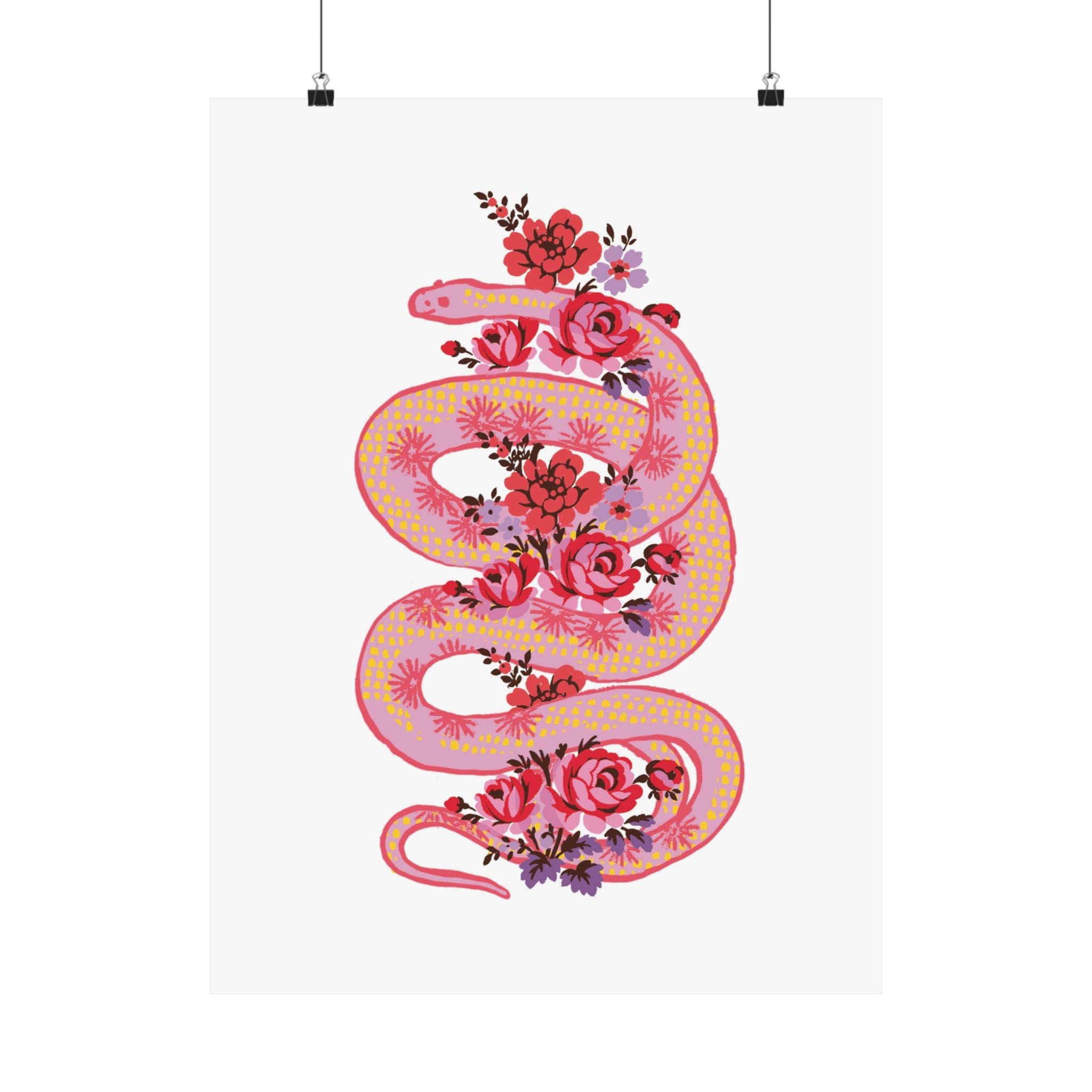 Snake with Roses | Large Matte Poster by Printify features a pink snake adorned with floral patterns on a white background—available in 7 sizes, perfect for elevating any space with premium, museum-grade wall art.