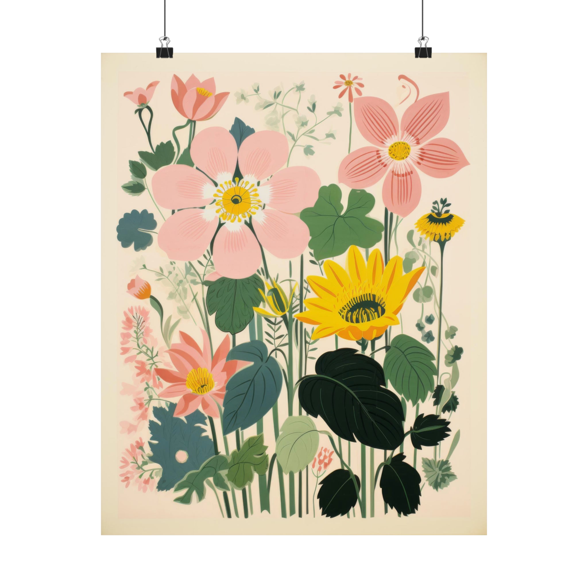 Illustration of various colorful flowers and plants as Josephine's Garden vintage art wall decor for the living room, available in 3 sizes on a large matte poster by Printify.