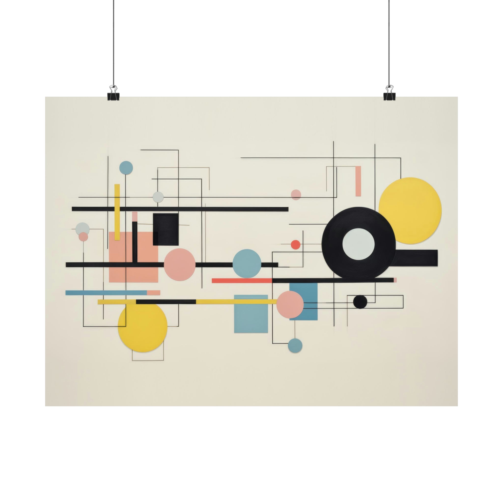 An abstract geometric painting with circles, lines, and rectangles in muted colors, displayed as wall art for living room on a white wall from Printify's Shapes in Motion | Large Matte Poster | 3 Sizes.