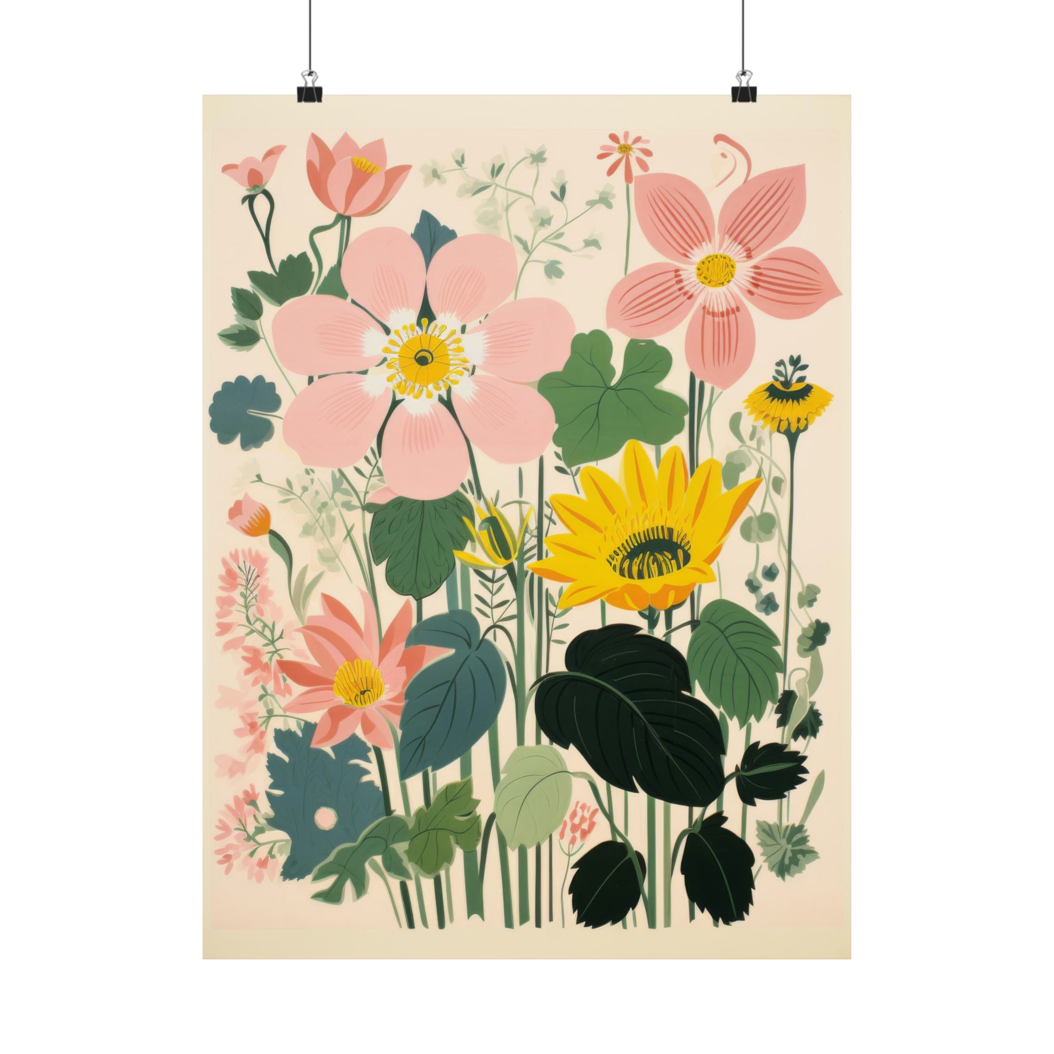 A colorful Josephine's Garden | Large Matte Poster | 3 Sizes for living room illustration featuring a variety of stylized flowers and plants. (Brand: Printify)