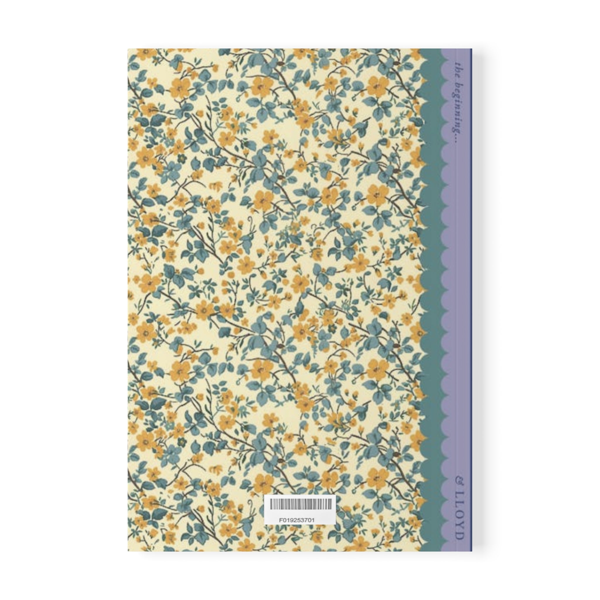 A Printify calico Softcover Notebook, A5, with lined paper pages, featuring a barcode at the bottom center and a scalloped blue and purple spine.