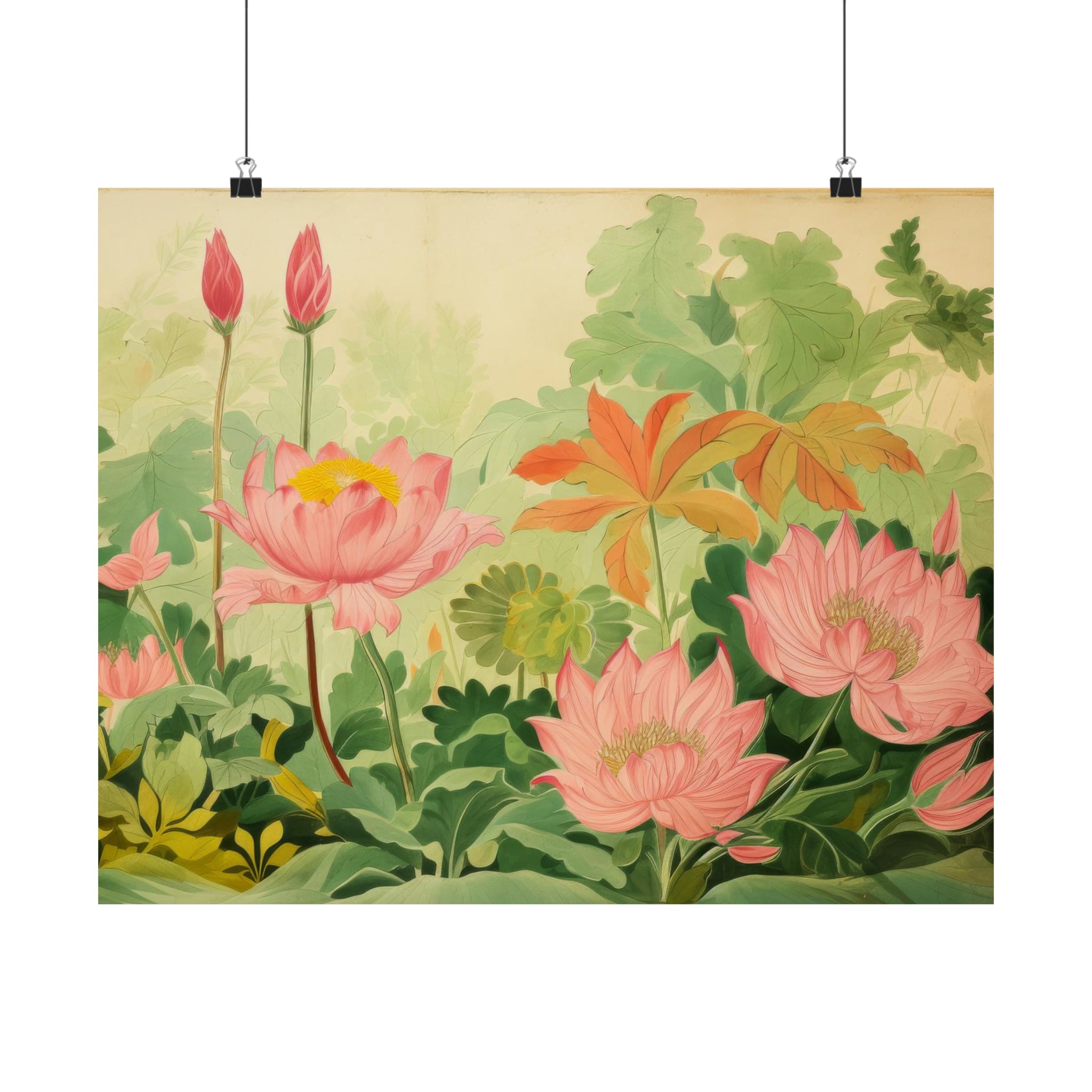 Botanic Floor Large Matte Poster by Printify of blooming pink flowers with green foliage, displayed as wall decor for the living room.