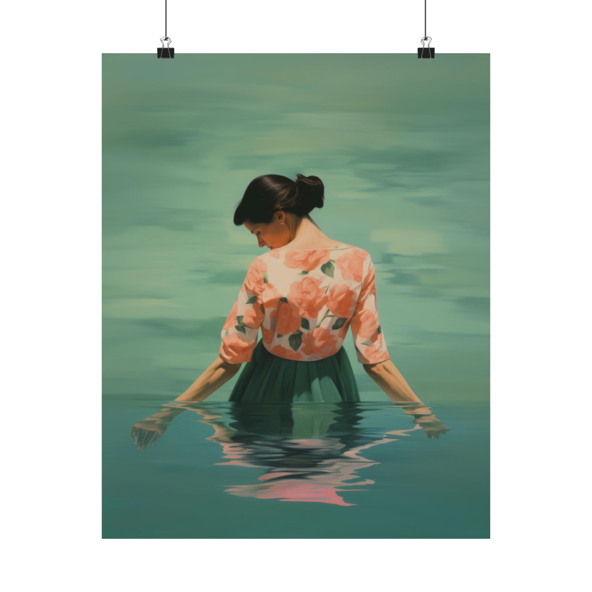 A woman in a floral blouse wading through tranquil water, now an elegant piece of vintage art for living room wall decor featuring the Float Large Matte Poster by Printify.