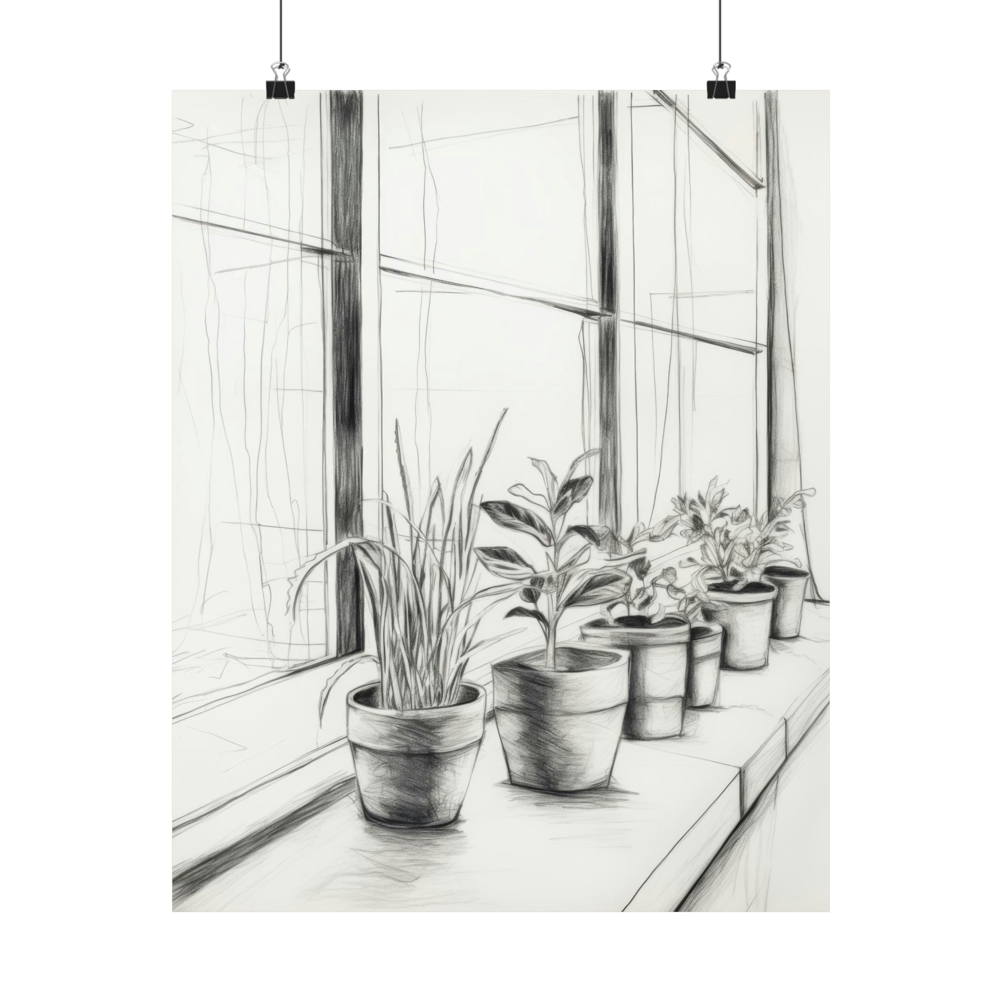 Wall art for living room featuring a vintage art pencil sketch of various potted plants on a windowsill by Printify's The Sill Large Matte Poster available in 3 sizes.