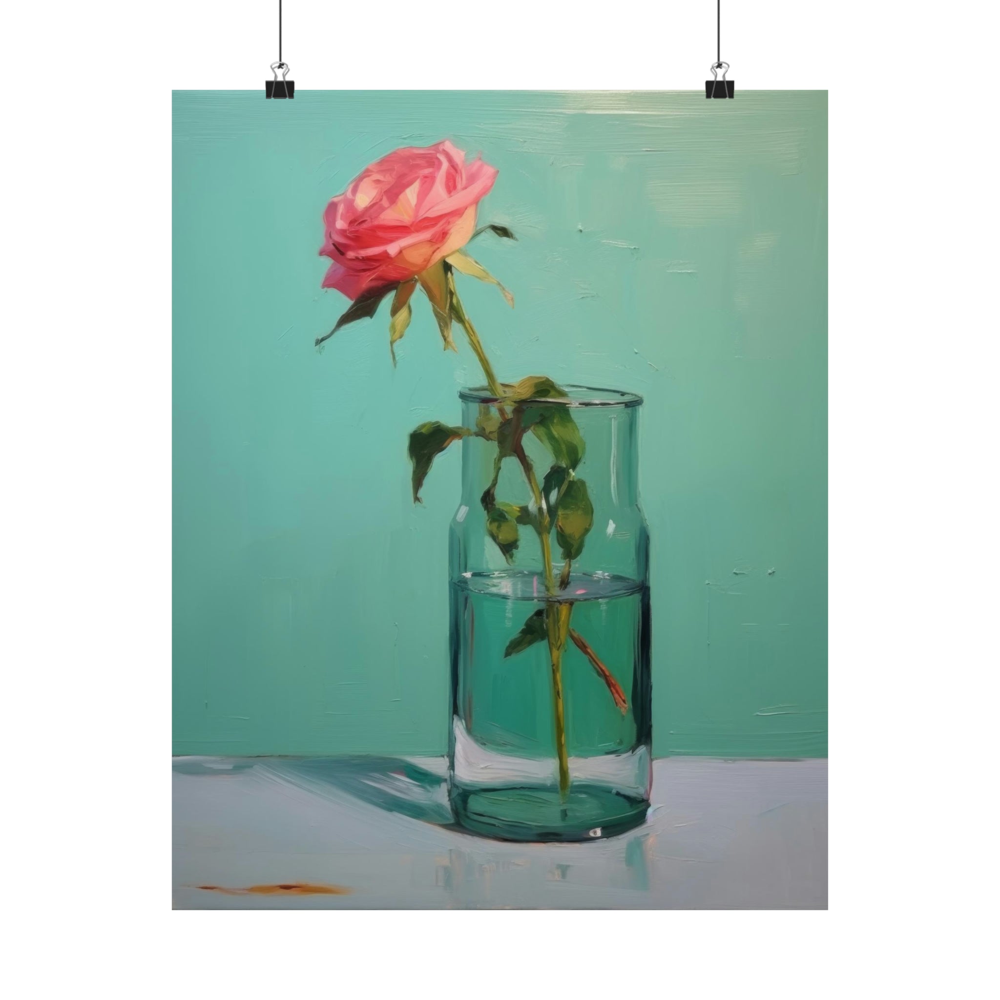 A painting of a pink rose in a Glass of Water in Greens against a turquoise background, ideal for wall decor or as vintage art prints by Printify.