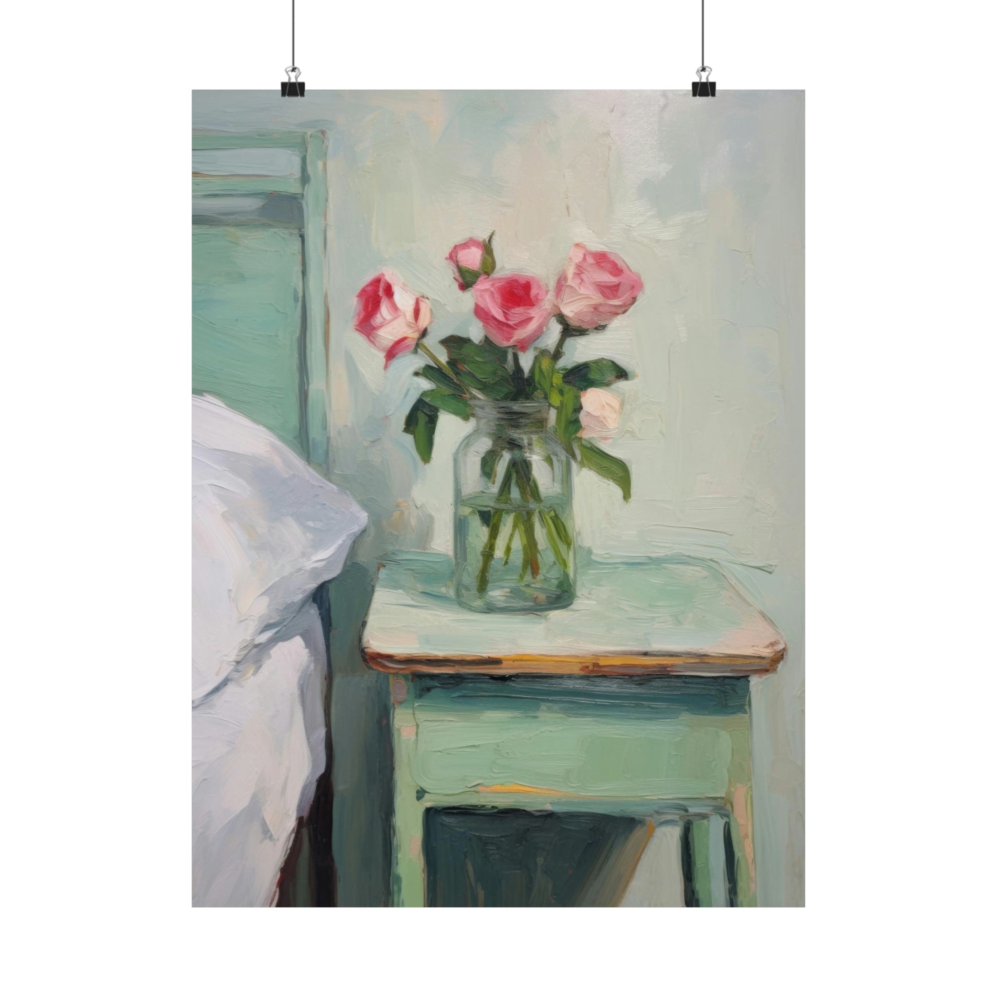 A When You Sleep poster of pink roses in a vintage art glass vase on a green table next to walls with art. Printed by Printify.