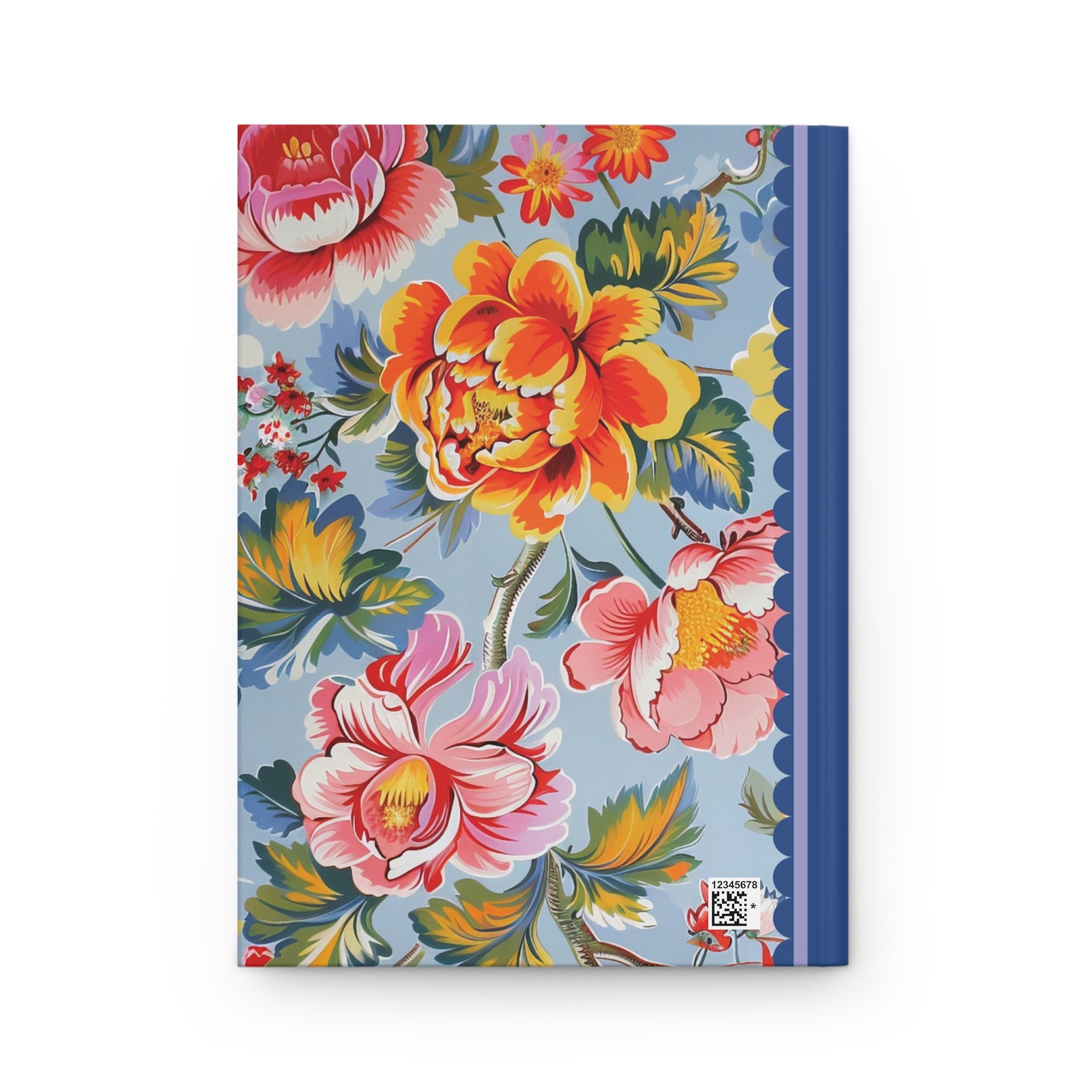 A customizable Printify Hardcover Journal Matte with a colorful floral cover featuring large, vibrant flowers on a light blue background and a solid blue binding. This matte hardcover journal contains 150 lined pages, and a small barcode is printed on the cover's bottom right corner.