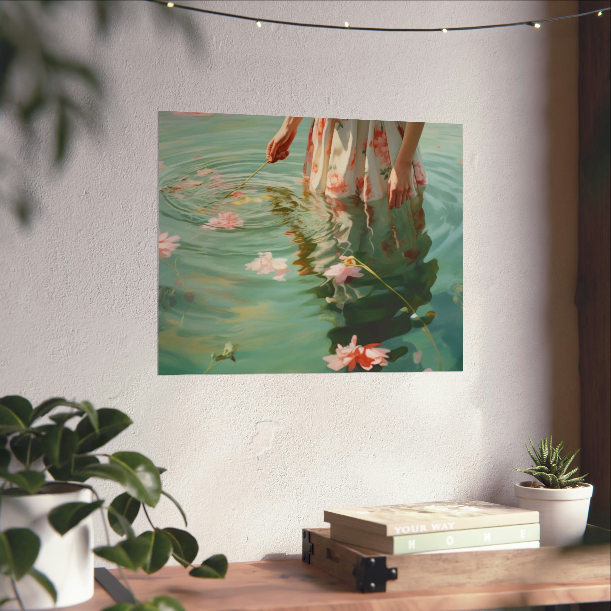 A serene Ripples wall art for living room, depicting a person wading through water with flowers, displayed above a stack of books and alongside indoor plants by Printify.