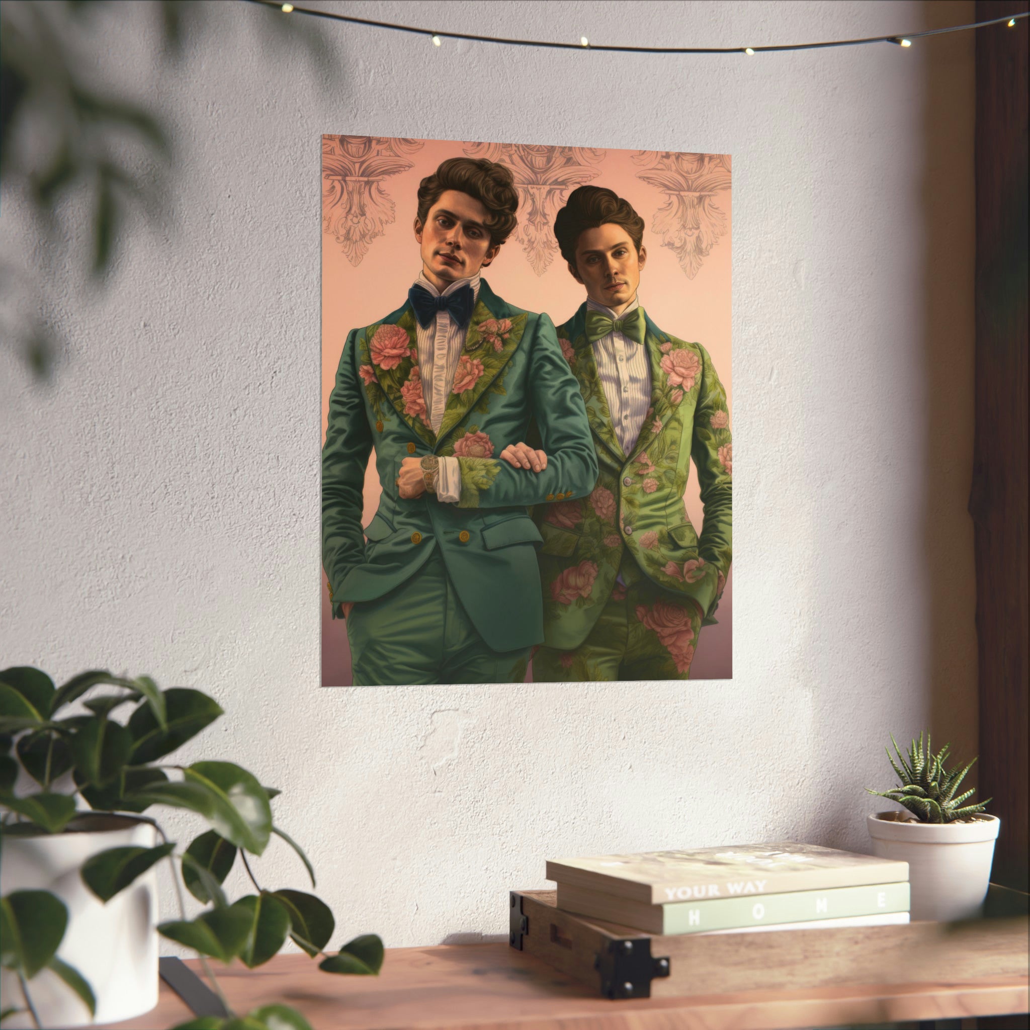 A Sense & Sensibility poster by Printify of two men in floral suits hanging on a wall as art decor above a stack of books and beside indoor plants.