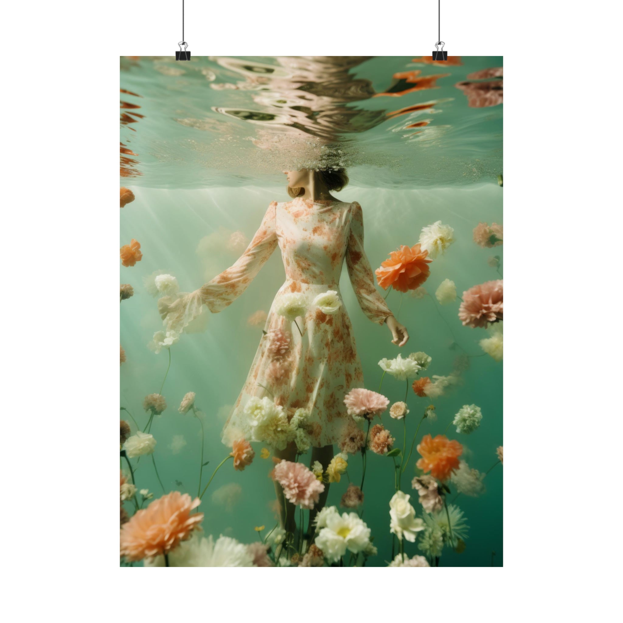 Woman in a vintage art floral dress submerged in water, surrounded by flowers, perfect as wall decor. She Drifted Large Matte Poster from Printify.