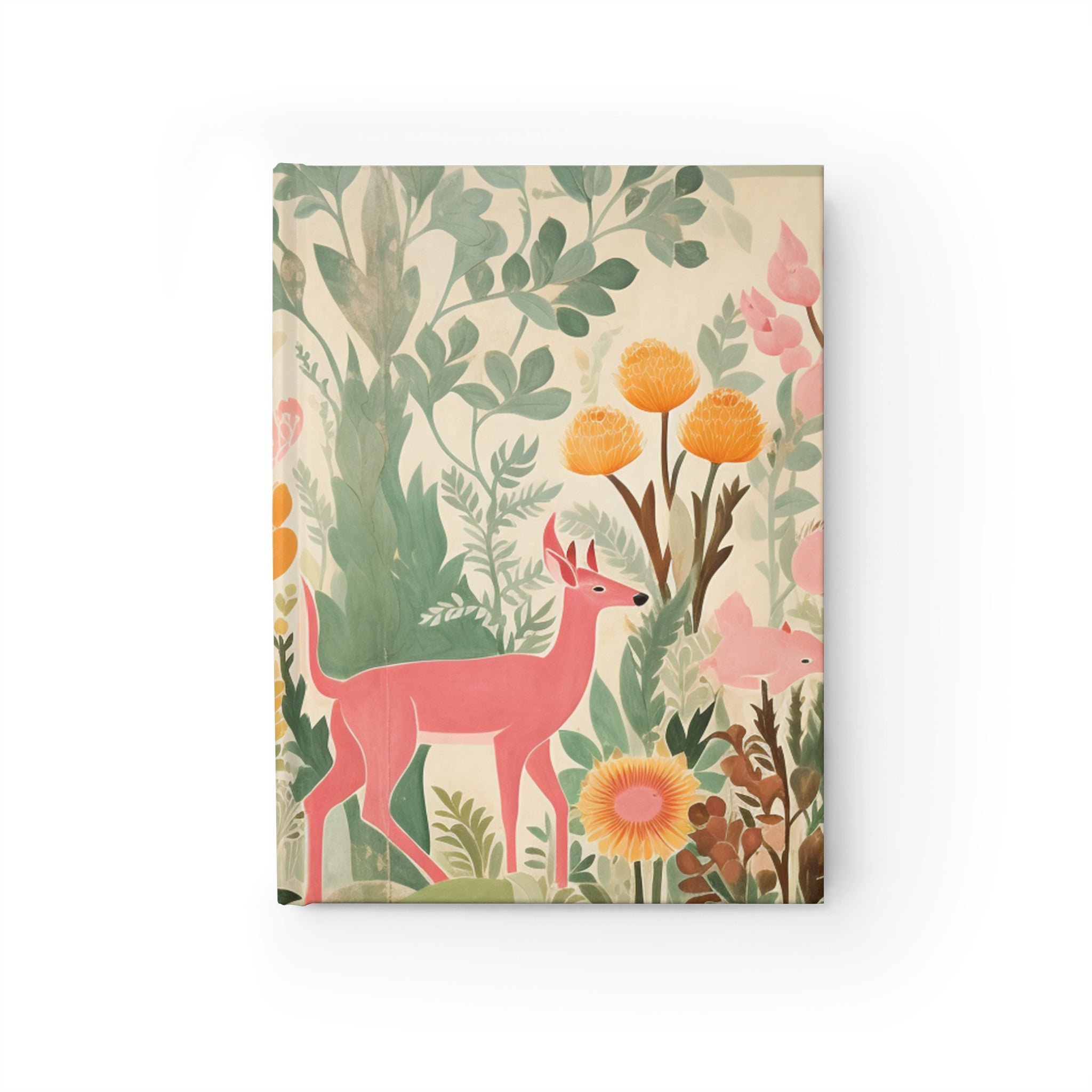 A Printify Pink Deer Journal - Blank Pages, with a wraparound print of pink deer and flowers, against a white background.