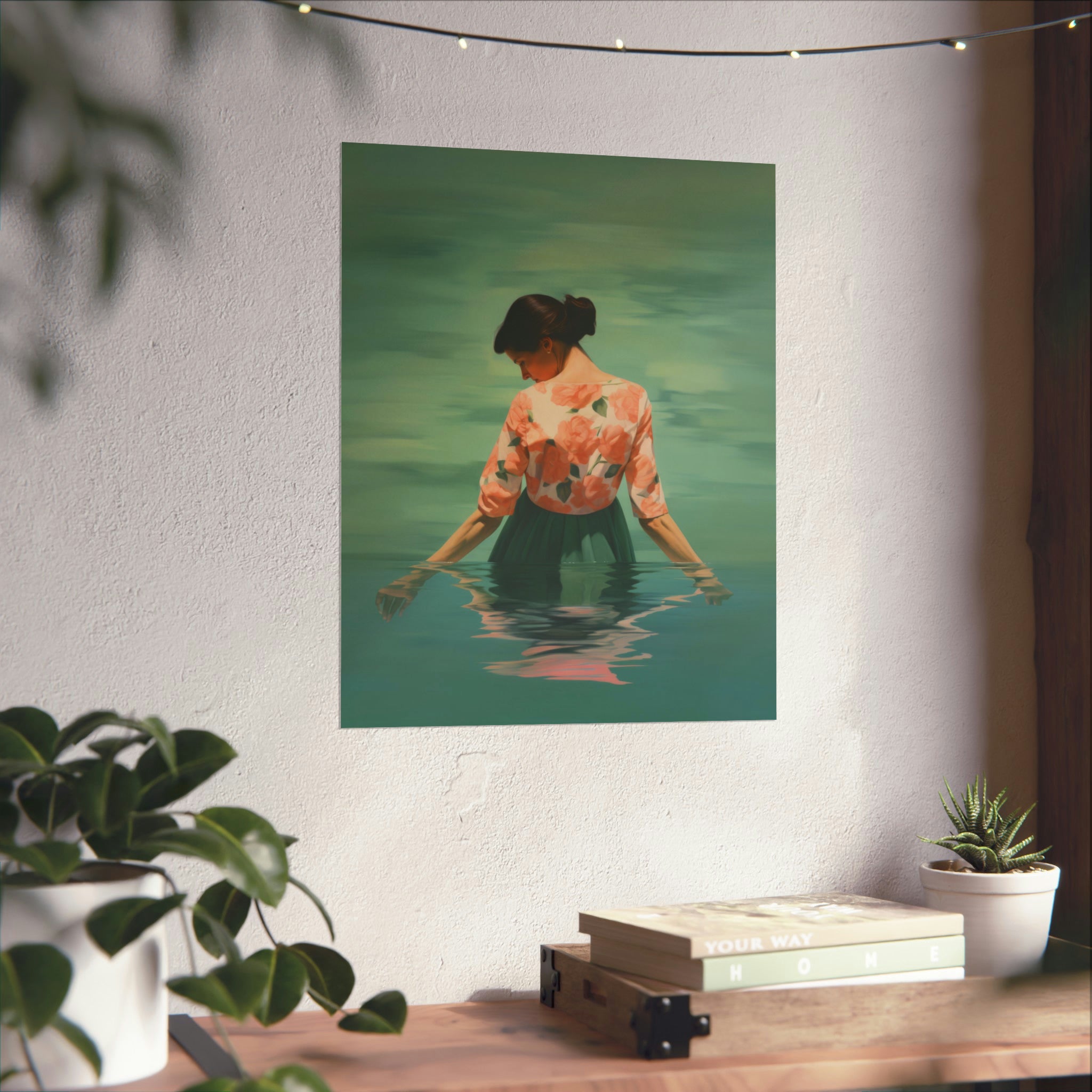 A tranquil vintage art painting of a woman wading in water hangs on a wall, complementing a cozy corner with potted plants from Printify's Float Large Matte Poster available in 3 Sizes.