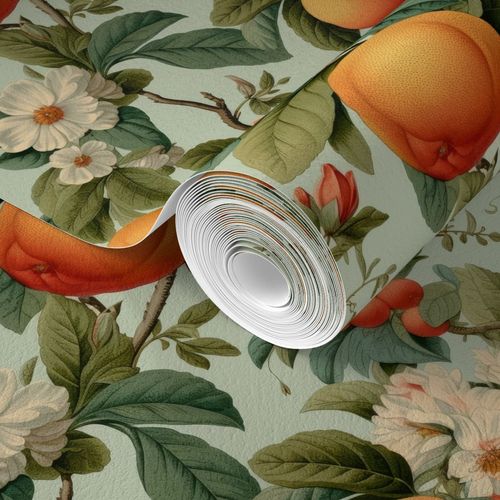 A roll of Vintage Orange Blossoms Wallpaper by Stannie & Lloyd with a floral patterned background featuring vintage art.