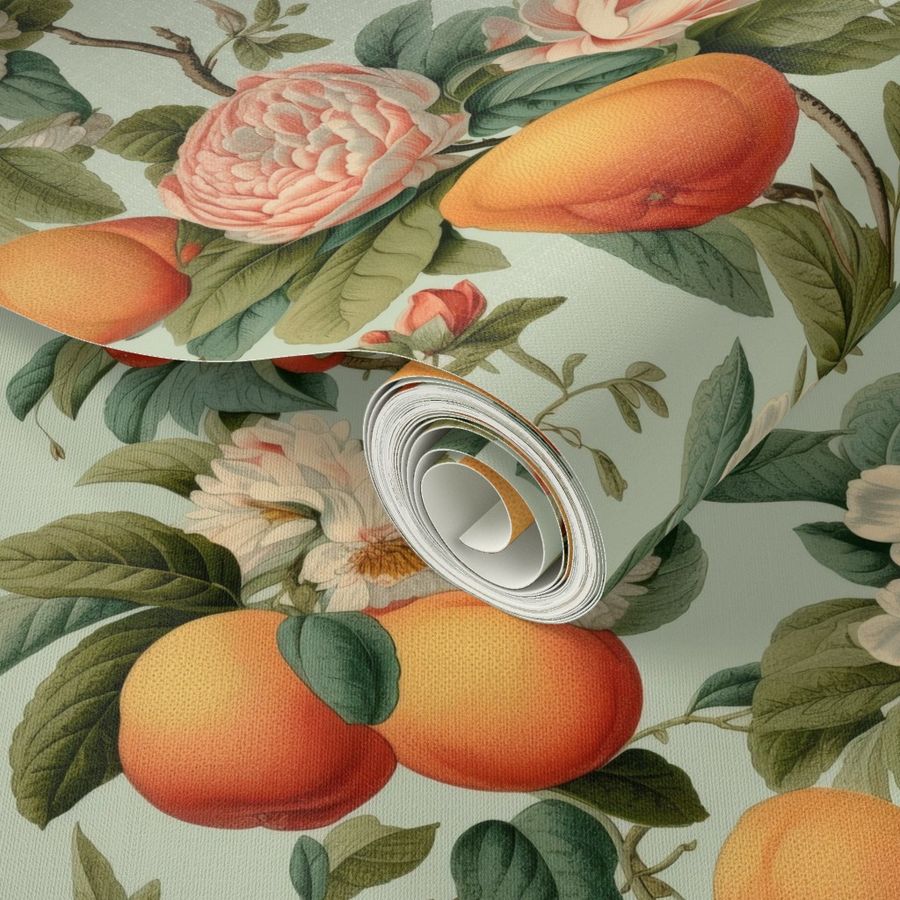 A roll of Vintage Orange Blossoms Wallpaper by Stannie & Lloyd with a section unfurled to display the design.