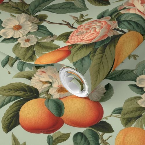 Illustration of citrus fruits and flowers with a surreal twist for Stannie & Lloyd's Vintage Orange Blossoms Wallpaper for wall art for living room: one of the fruits is peeled open to reveal a paper scroll-like core, making it an engaging piece of vintage.