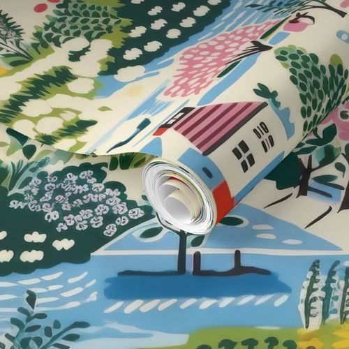 Rolled Stannie & Lloyd wallpaper with Colorful Cozy Village art prints.