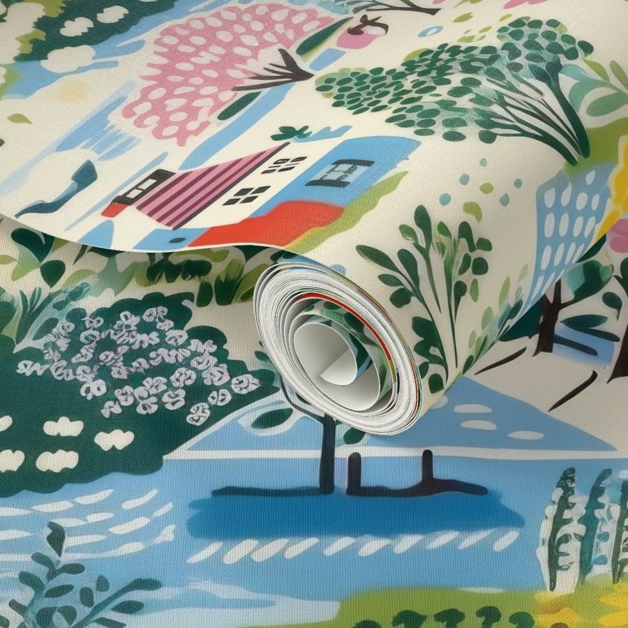 Roll of Colorful Cozy Village Wallpaper by Stannie & Lloyd for wall art in the living room.