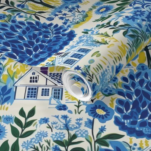 Roll of Stannie & Lloyd's Cozy Cottage in Blue Wallpaper with blue and green patterns unrolled on a flat surface.