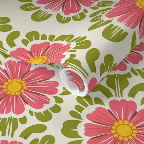 A roll of Pink Pop Flowers Wallpaper for living room with pink and green motifs by Stannie & Lloyd.