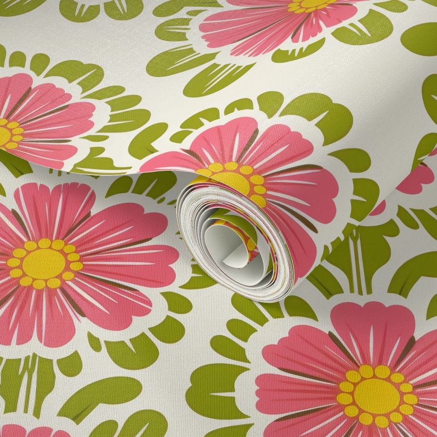 A roll of Stannie & Lloyd Pink Pop Flowers Wallpaper for living room with a pink and green floral pattern.