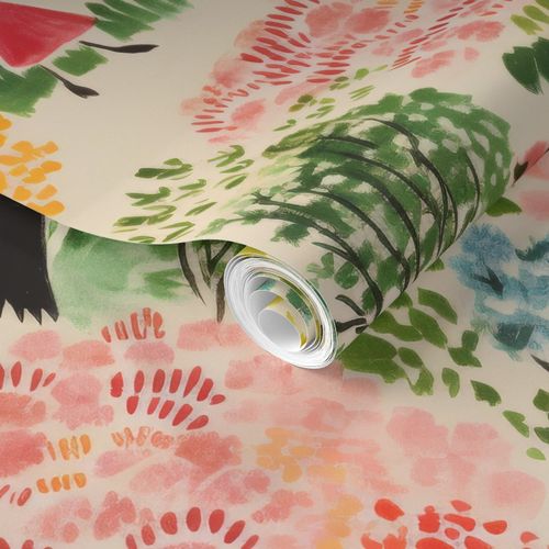 A roll of Stannie & Lloyd's A Quiet Walk Wallpaper with a floral pattern unrolling on a flat surface.