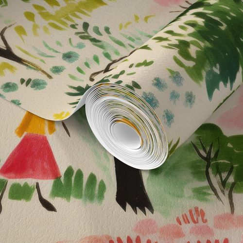 Roll of Stannie & Lloyd's A Quiet Walk Wallpaper with a colorful abstract forest design being unrolled on a surface for wall decor.