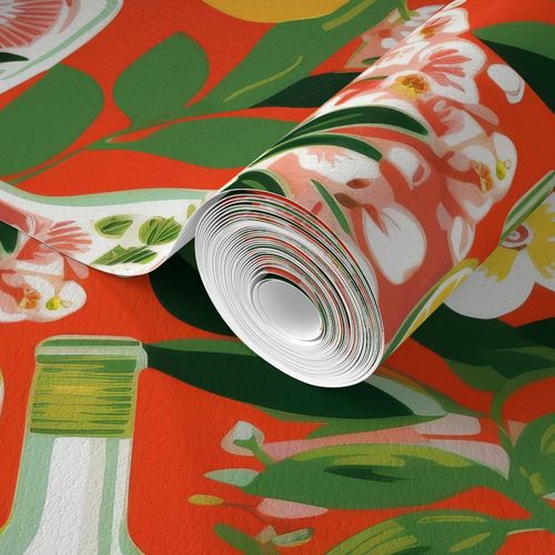 A roll of Bottles in Deep Orange wallpaper from Stannie & Lloyd with a smooth texture.