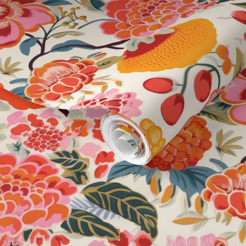 Roll of Pink Berries & Flowers Wallpaper by Stannie & Lloyd with vibrant red, orange, and pink patterns on a light background, turning your walls with art.