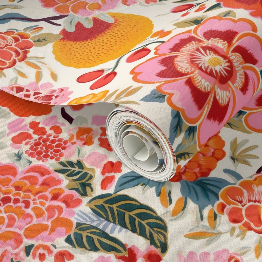 A roll of Stannie & Lloyd's Pink Berries & Flowers Wallpaper with vibrant patterns unfurled on a flat surface.