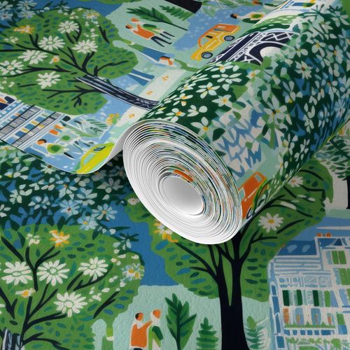 A roll of Spring in Paris Wallpaper by Stannie & Lloyd with a vibrant and whimsical cityscape design.