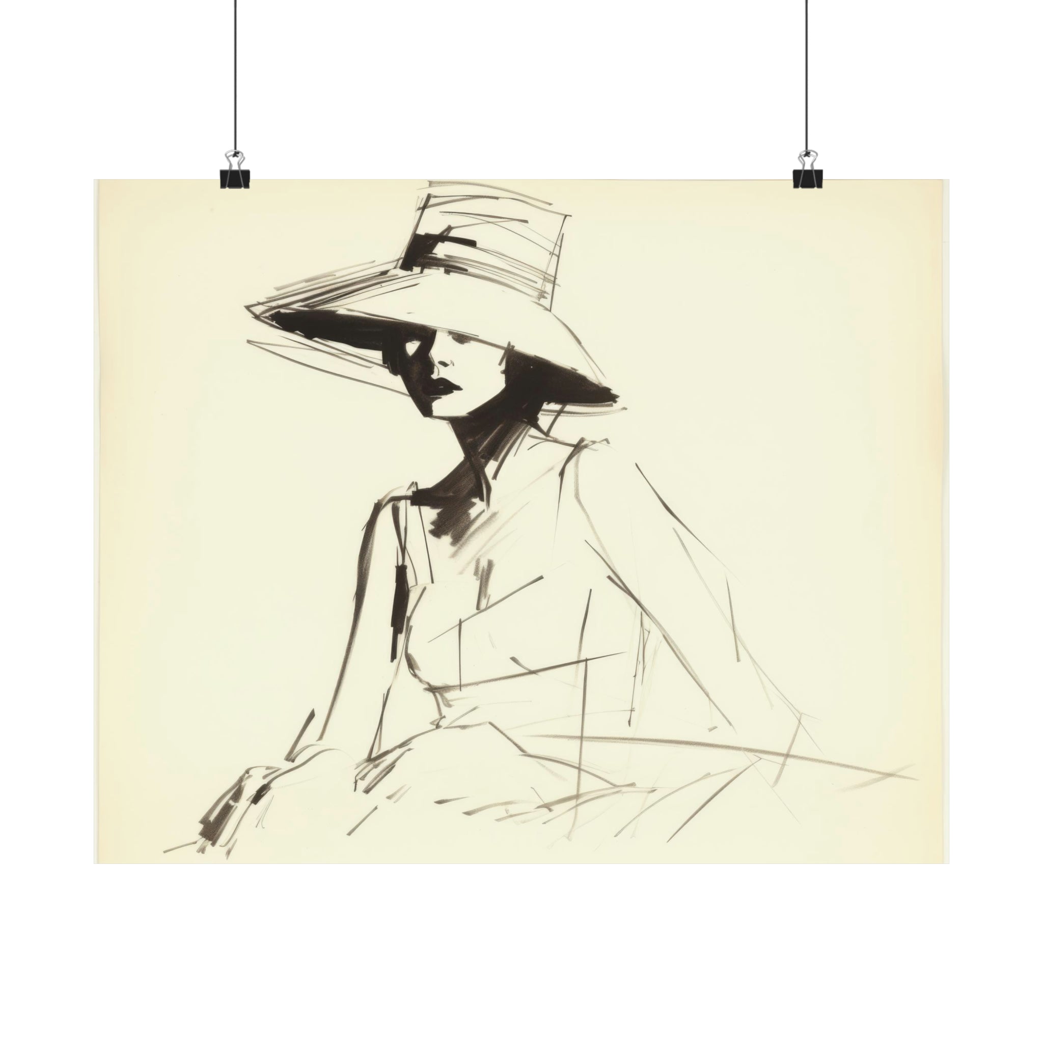 Sketched portrait of a person with a wide-brimmed hat, now a Fashion Sketch poster from Printify for wall art in the living room.