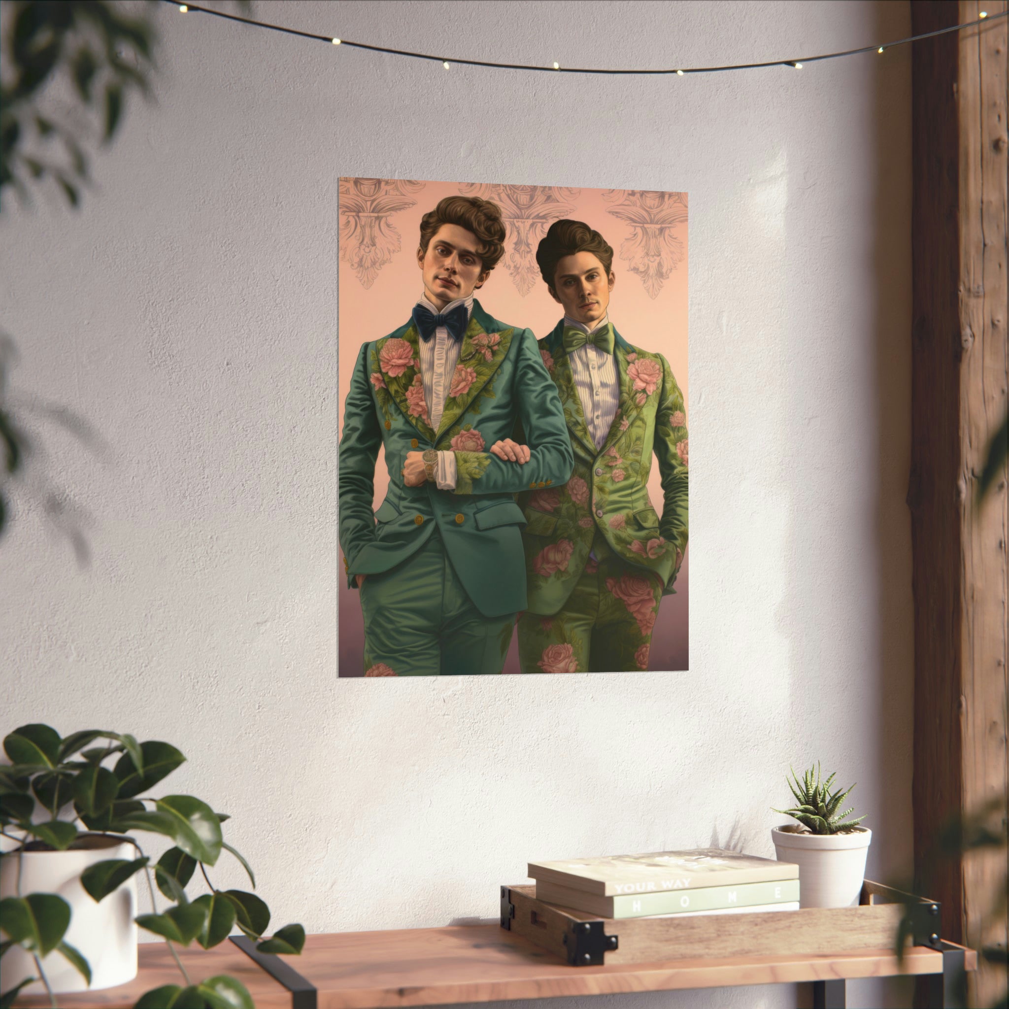 Artistic wall art for living room, featuring two men in matching floral suits, displayed on a wall in a cozy room with decorative plants from Printify's Sense & Sensibility large matte poster available in 3 sizes.