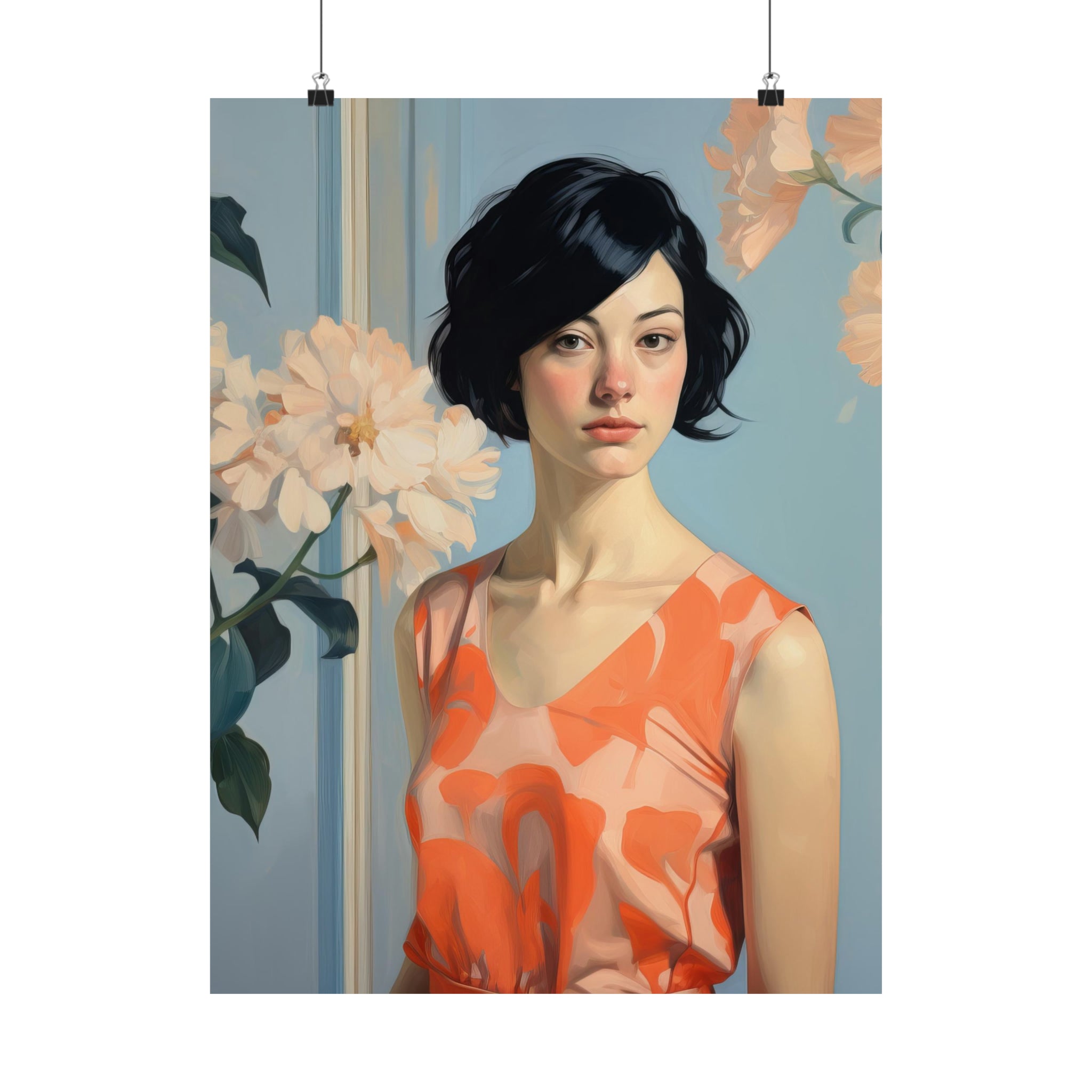 A vintage art painting of a young woman with dark hair in a floral dress, standing before a backdrop of large flowers, perfect for wall decor from Printify's Blue Wall & Orange Dress Large Matte Poster available in 3 sizes.