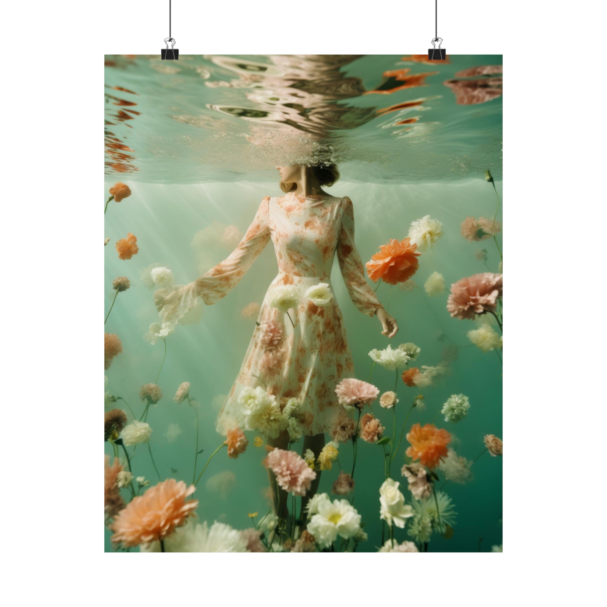 Woman in a floral dress submerged in water surrounded by flowers, ideal for art prints and wall art for the living room from Printify's She Drifted Large Matte Poster available in 3 Sizes.