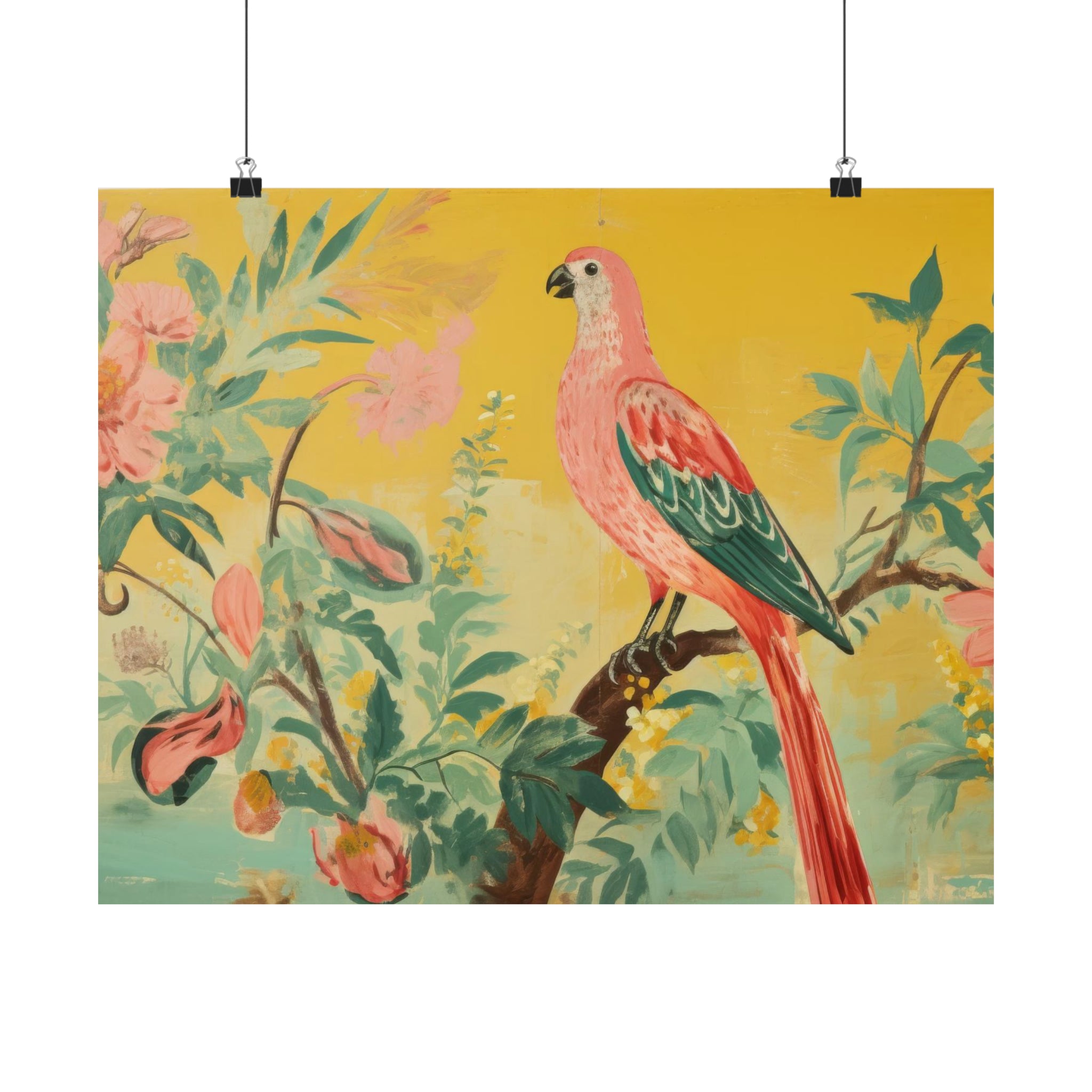 A vibrantly colored wall art for living room, featuring a Vintage Parrot perched on a branch surrounded by lush foliage and flowers.