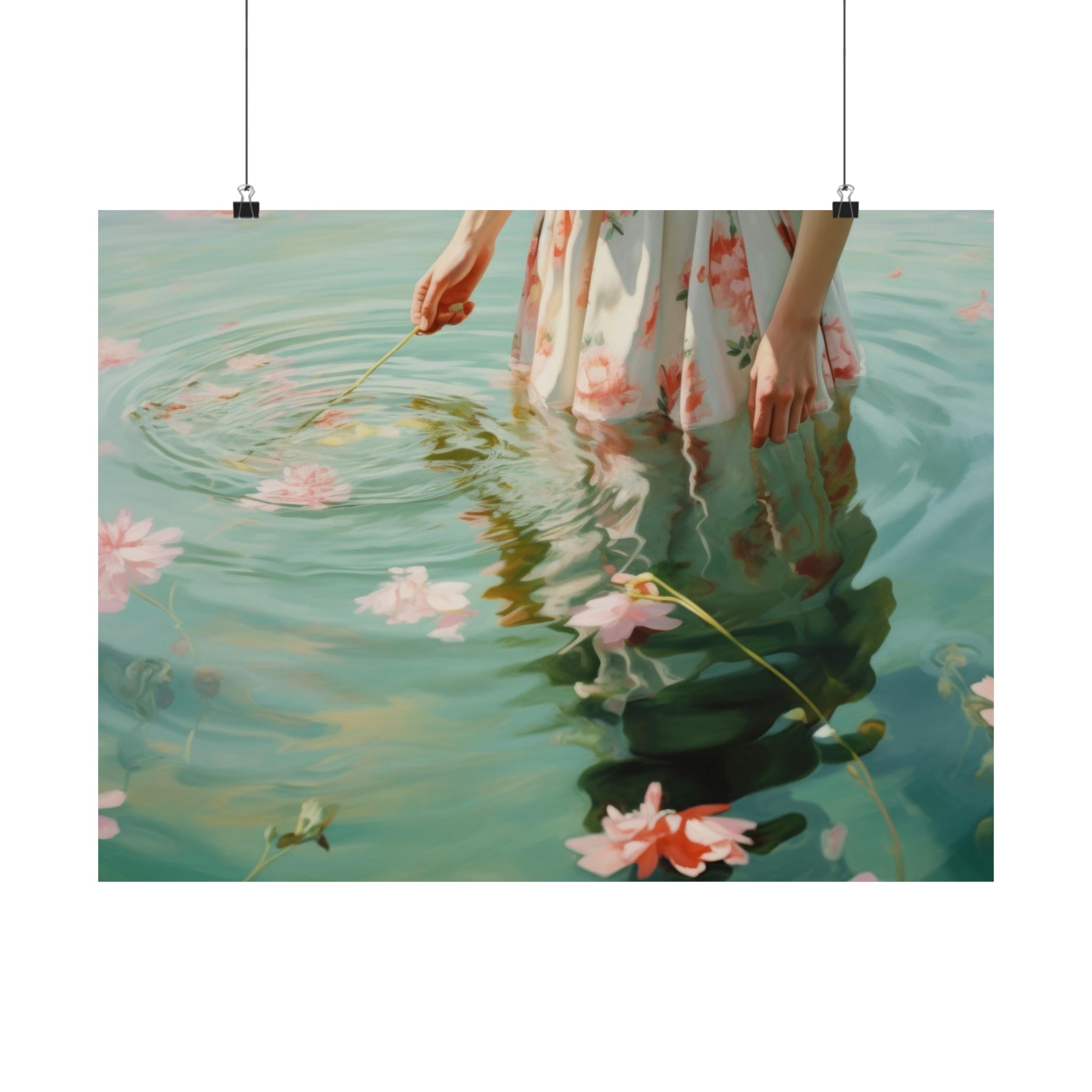 A Ripples Large Matte Poster for living room piece of a person standing in water surrounded by flowers, touching the surface creating ripples. Created by Printify.