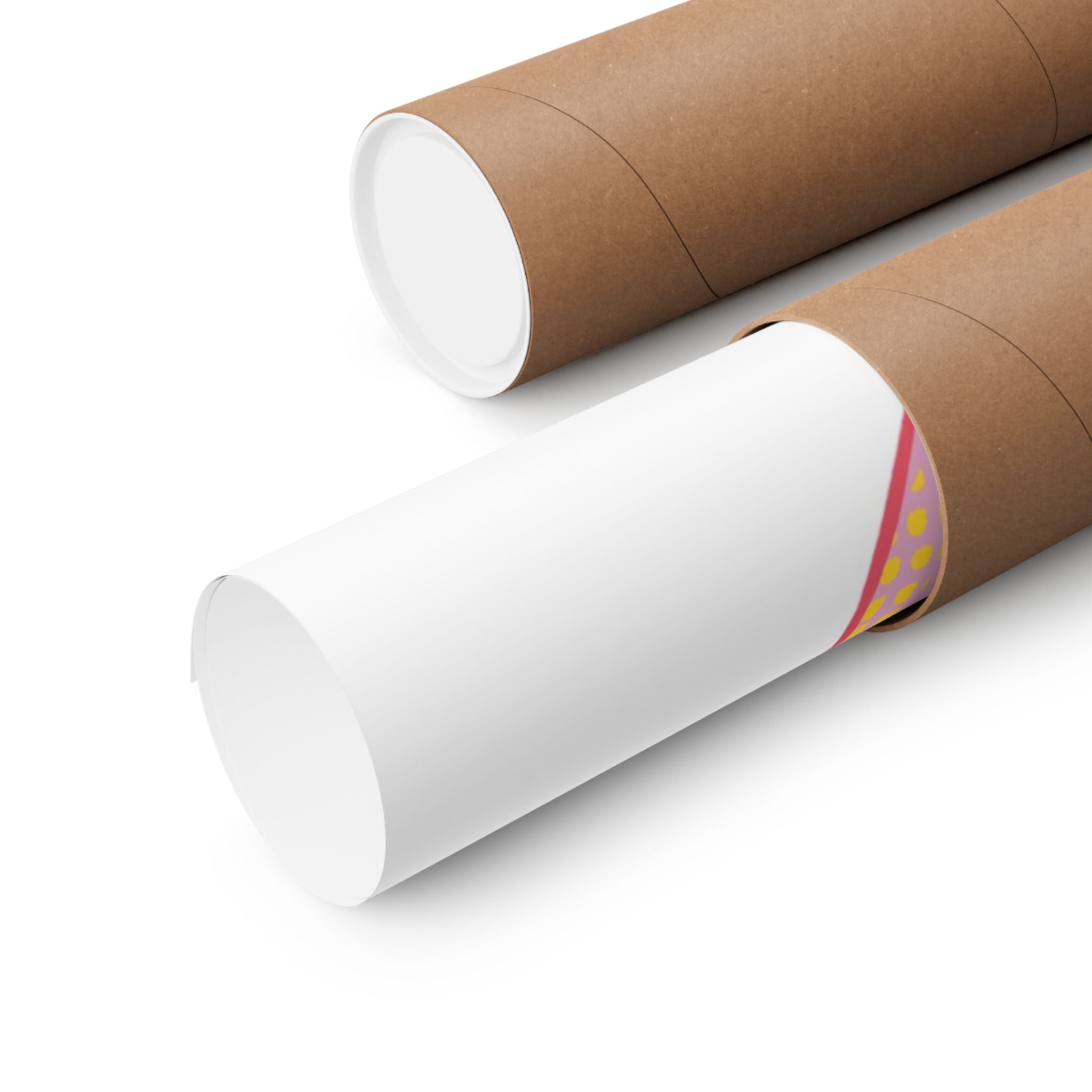 The "Snake with Roses" large matte poster by Printify, printed on museum-grade paper, is shown in two brown cardboard tubes—one open revealing a colorful section of the rolled artwork. Available in 7 sizes for lasting quality.