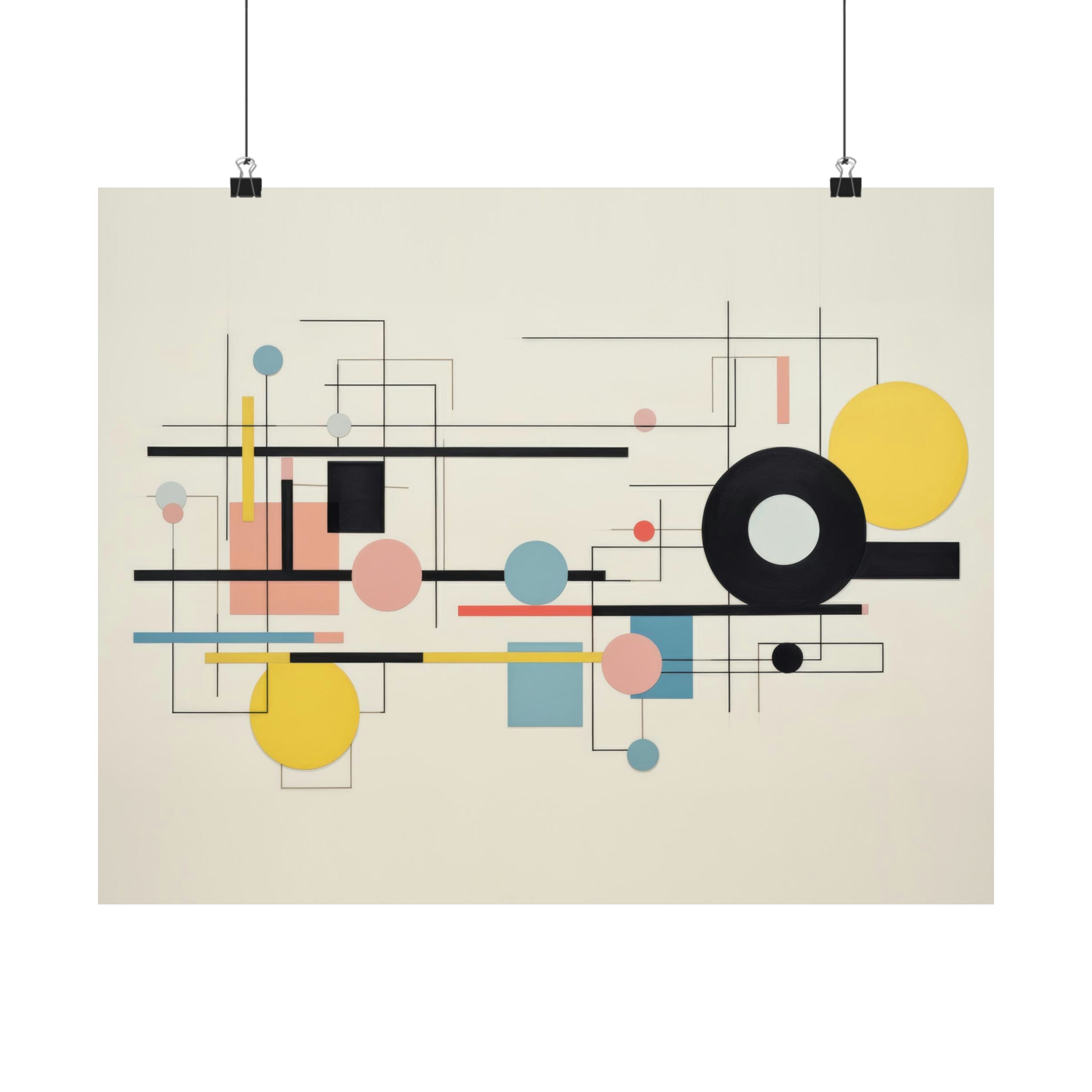 Abstract geometric artwork featuring lines, circles, and rectangles in a muted color palette, displayed as wall art for living room on a gallery wall from Printify's Shapes in Motion Large Matte Poster in 3 Sizes.