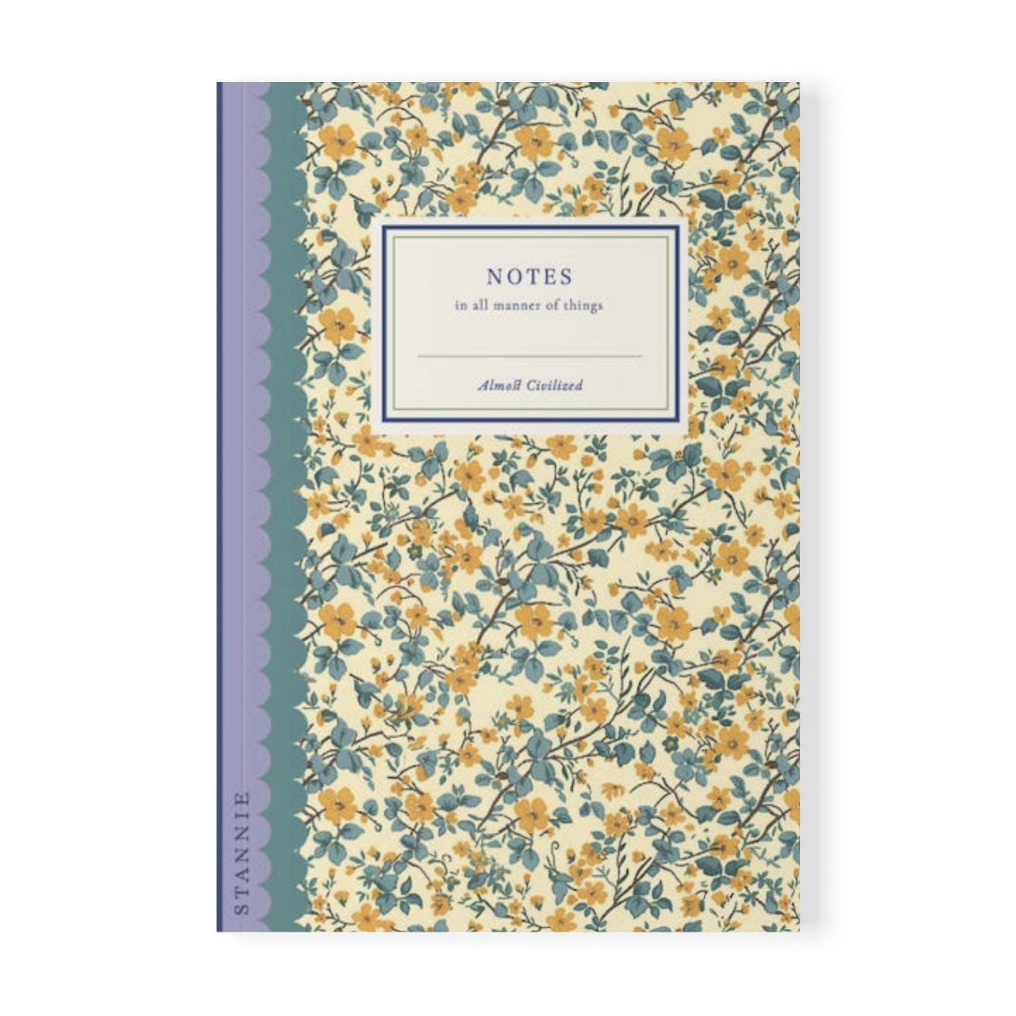 A customizable calico Softcover Notebook, A5, with a floral cover design featuring yellow flowers and green leaves on a cream background. The glue-bound laminated cover reads, "Notes in all manner of things" by Amal Elvelid, and it includes 90gsm lined papers inside. This product is offered by Printify.