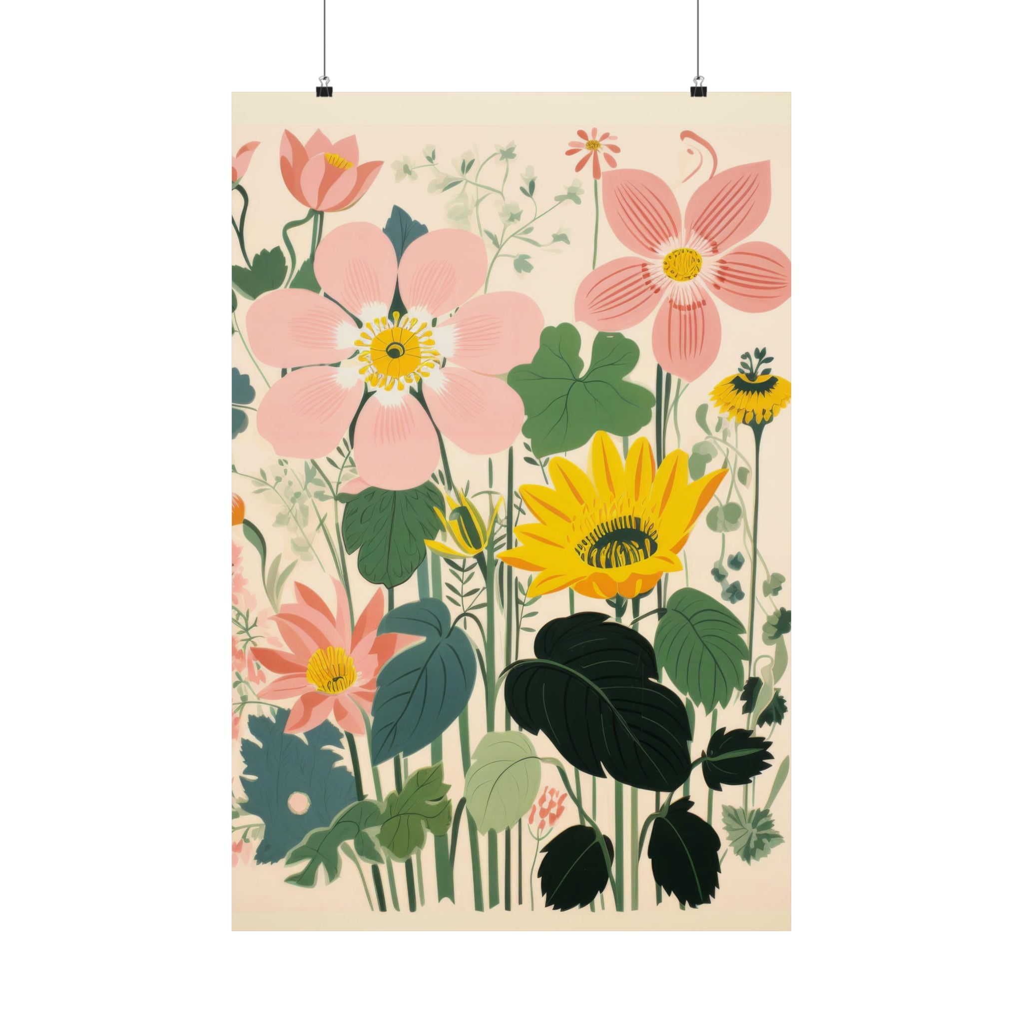 A wall decor art print featuring an illustration of various stylized flowers and plants called Josephine's Garden by Printify.