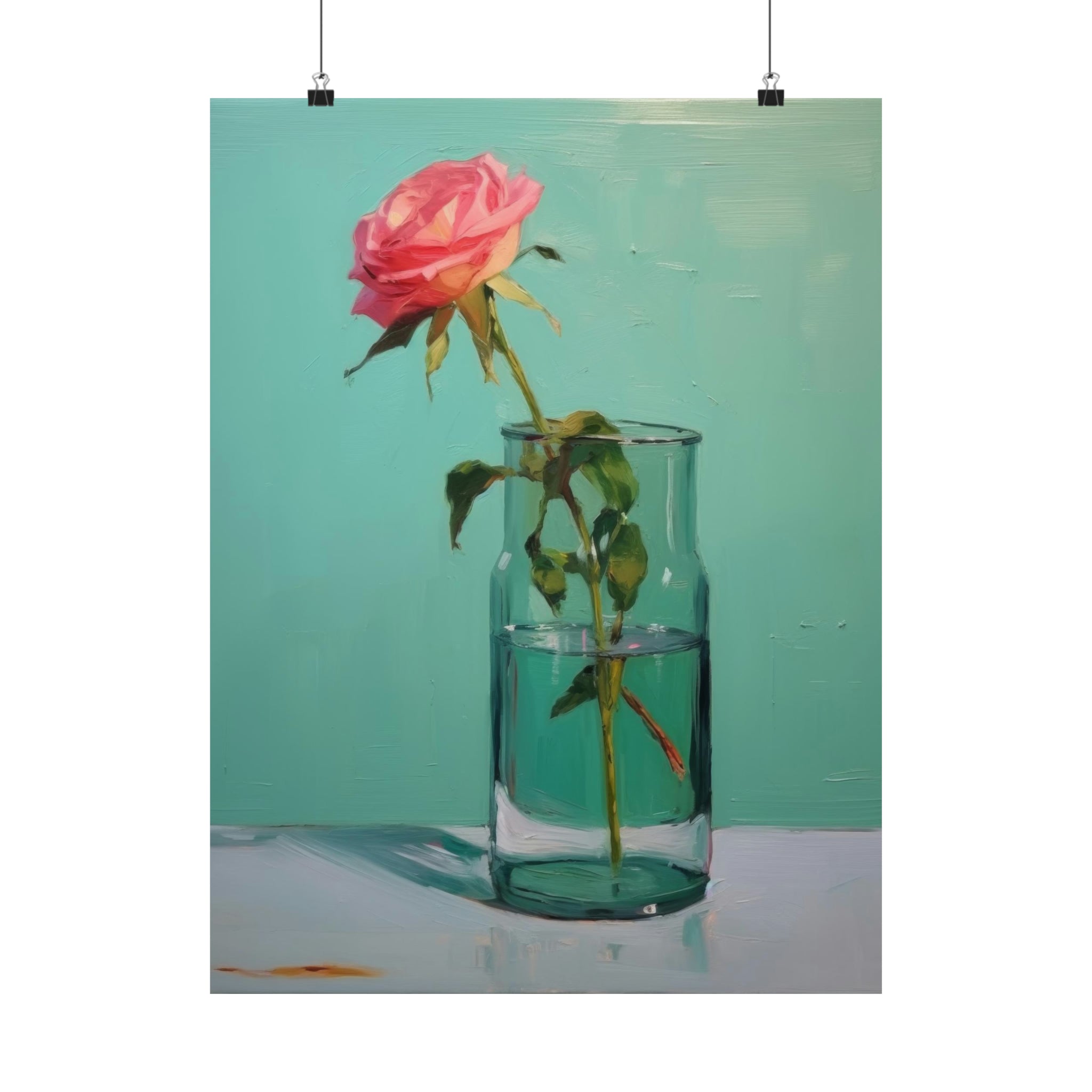 A single pink rose in a Glass of Water in Greens jar against walls with art.