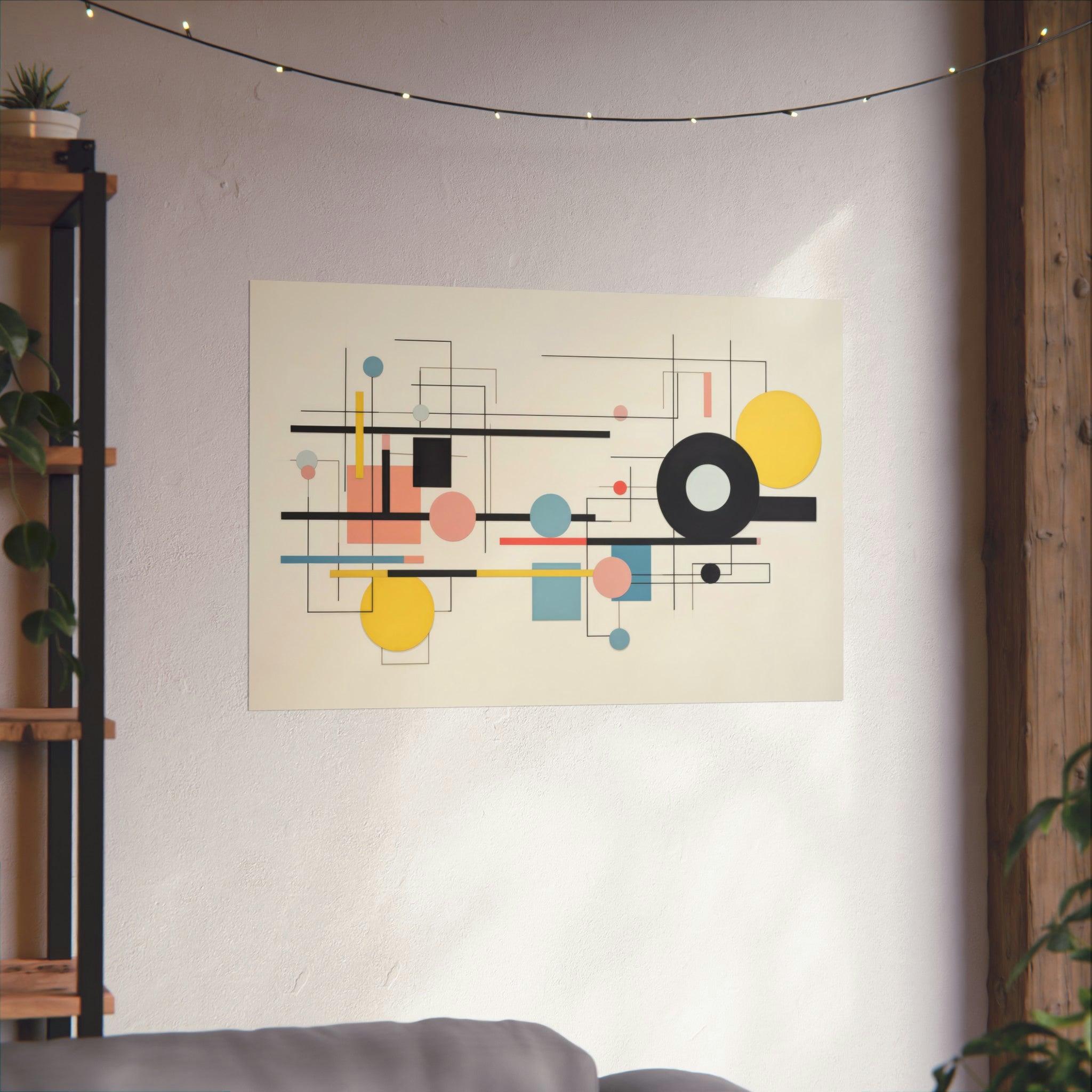 Modern abstract artwork displayed in a cozy interior with string lights, vintage art on walls, and a plant. showcasing Shapes in Motion Large Matte Poster by Printify in 3 Sizes.