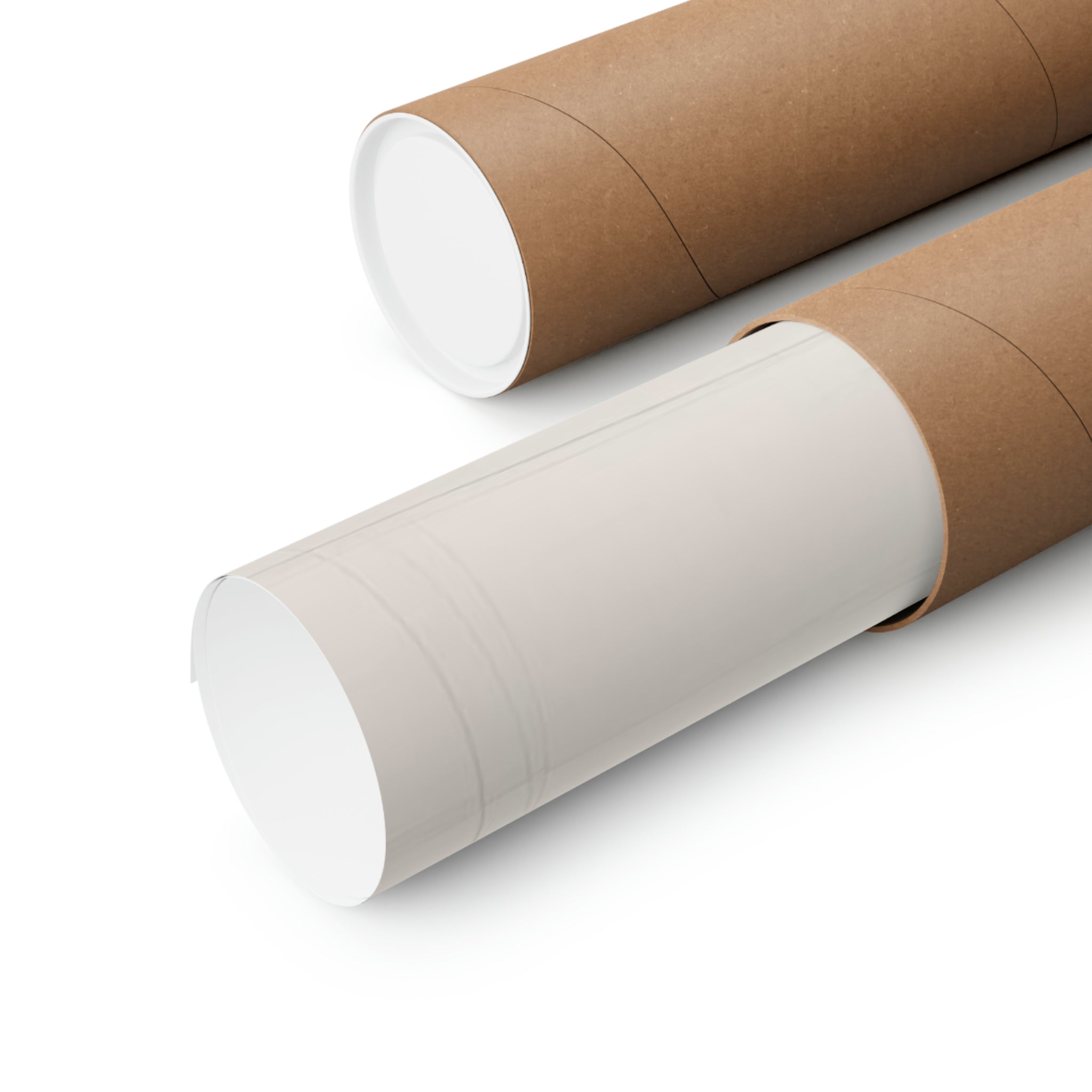 Two cylindrical cardboard tubes, one with its cap partially removed revealing translucent rolled Leaves | Large Matte Poster | 3 Sizes inside, printed on archival matte paper from Printify.